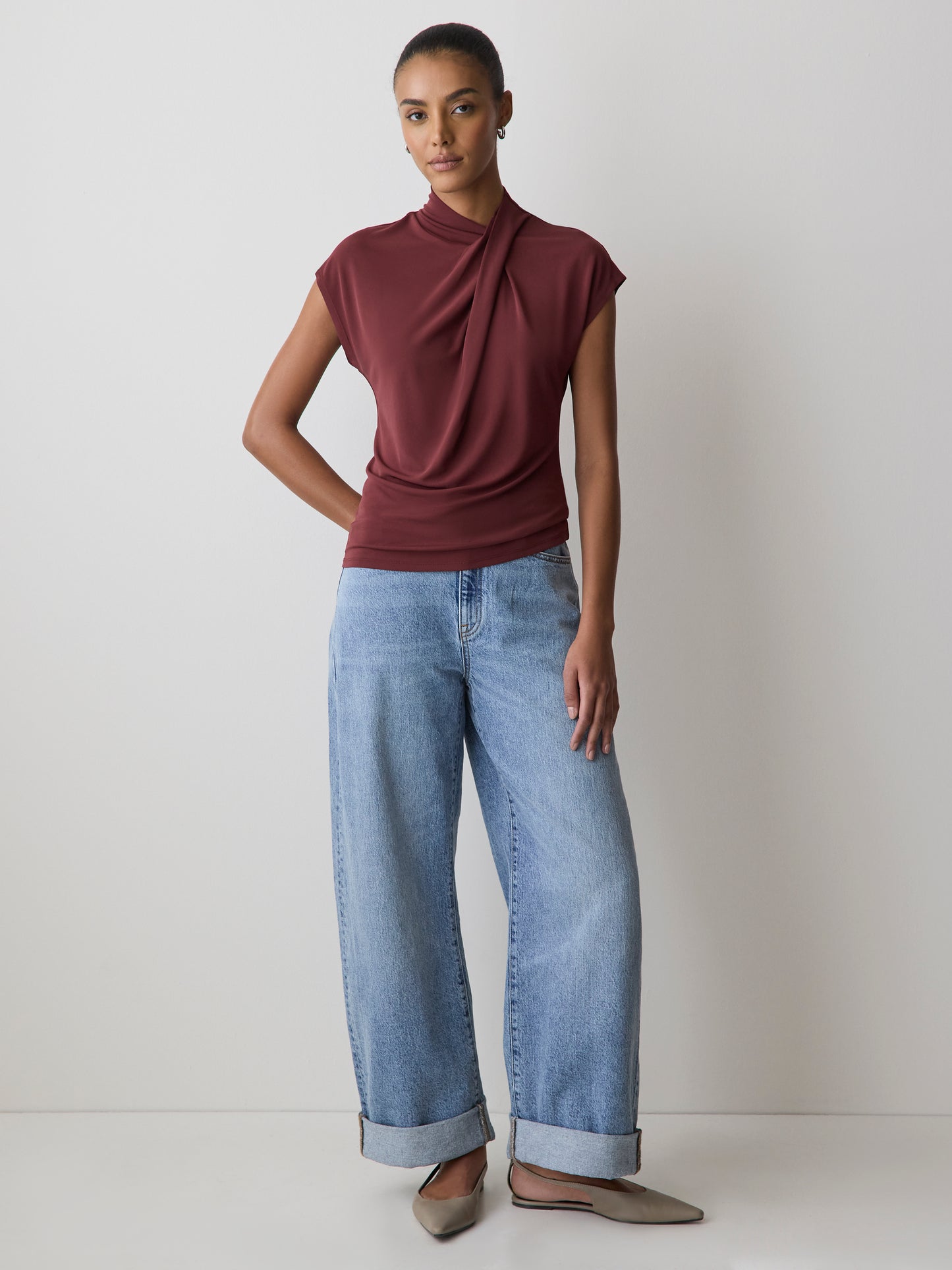 Extended-Sleeve Top with Crossover Draped Mock Neckline