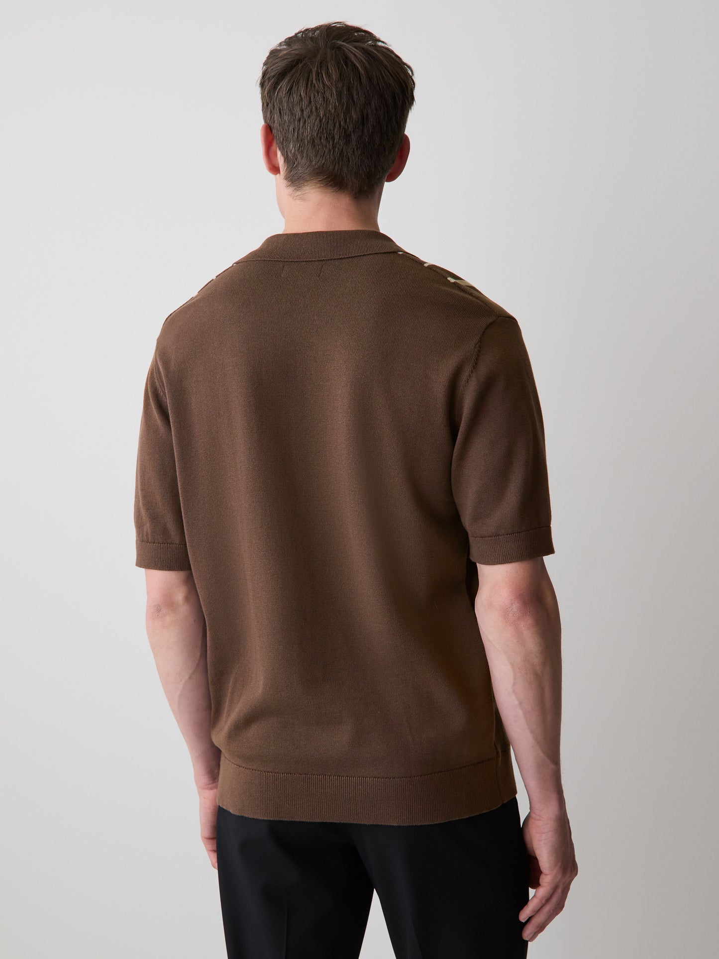 Striped Short-Sleeve Sweater with Johnny Collar