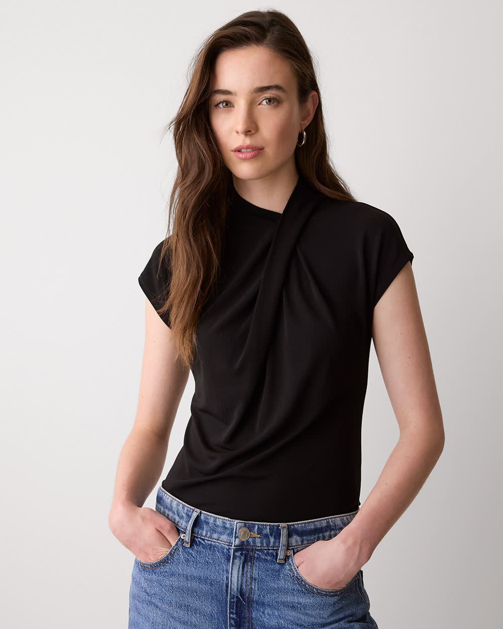 Extended-Sleeve Top with Crossover Draped Mock Neckline