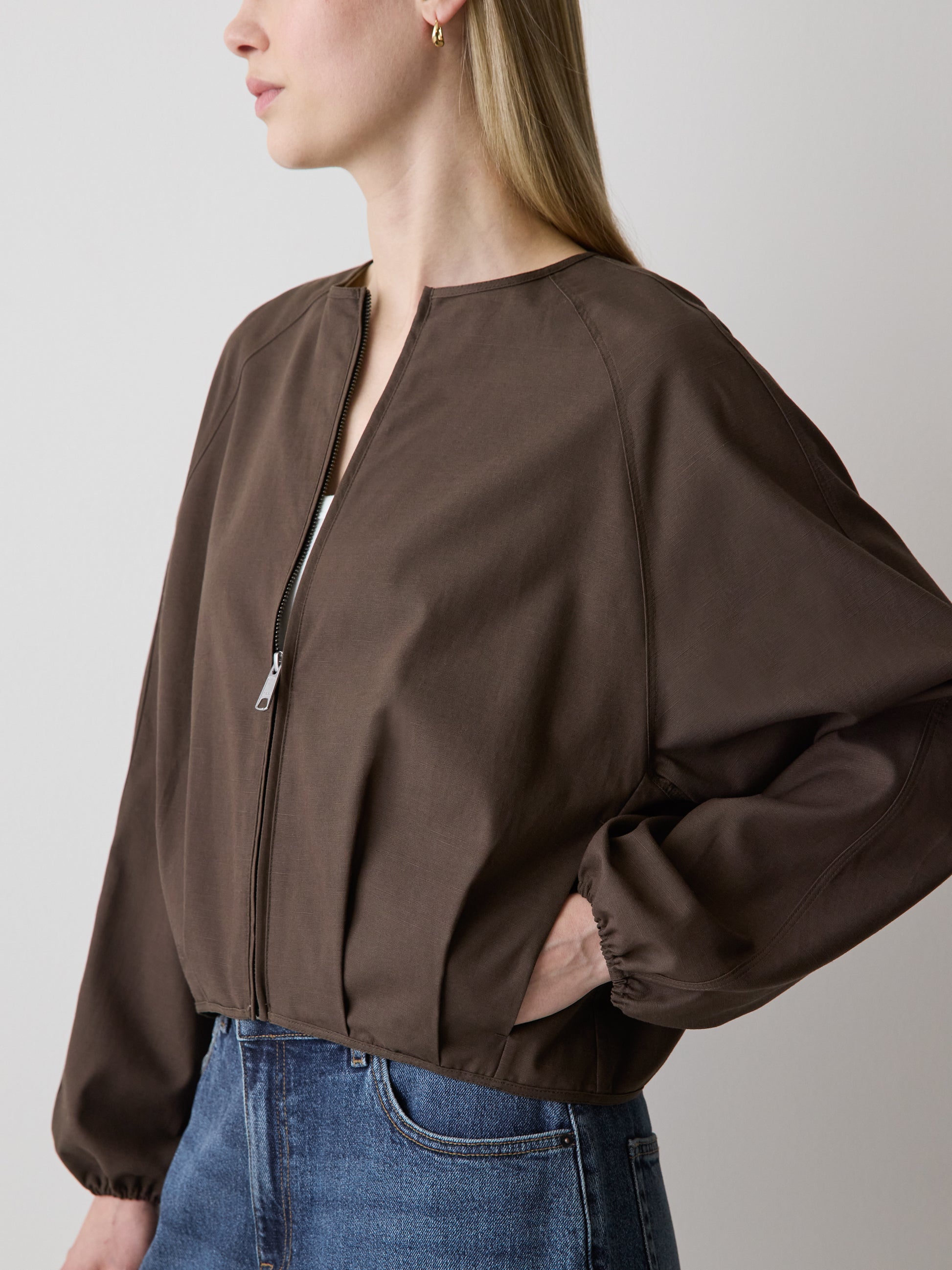 Woven Collarless Bomber Jacket with Zip Front