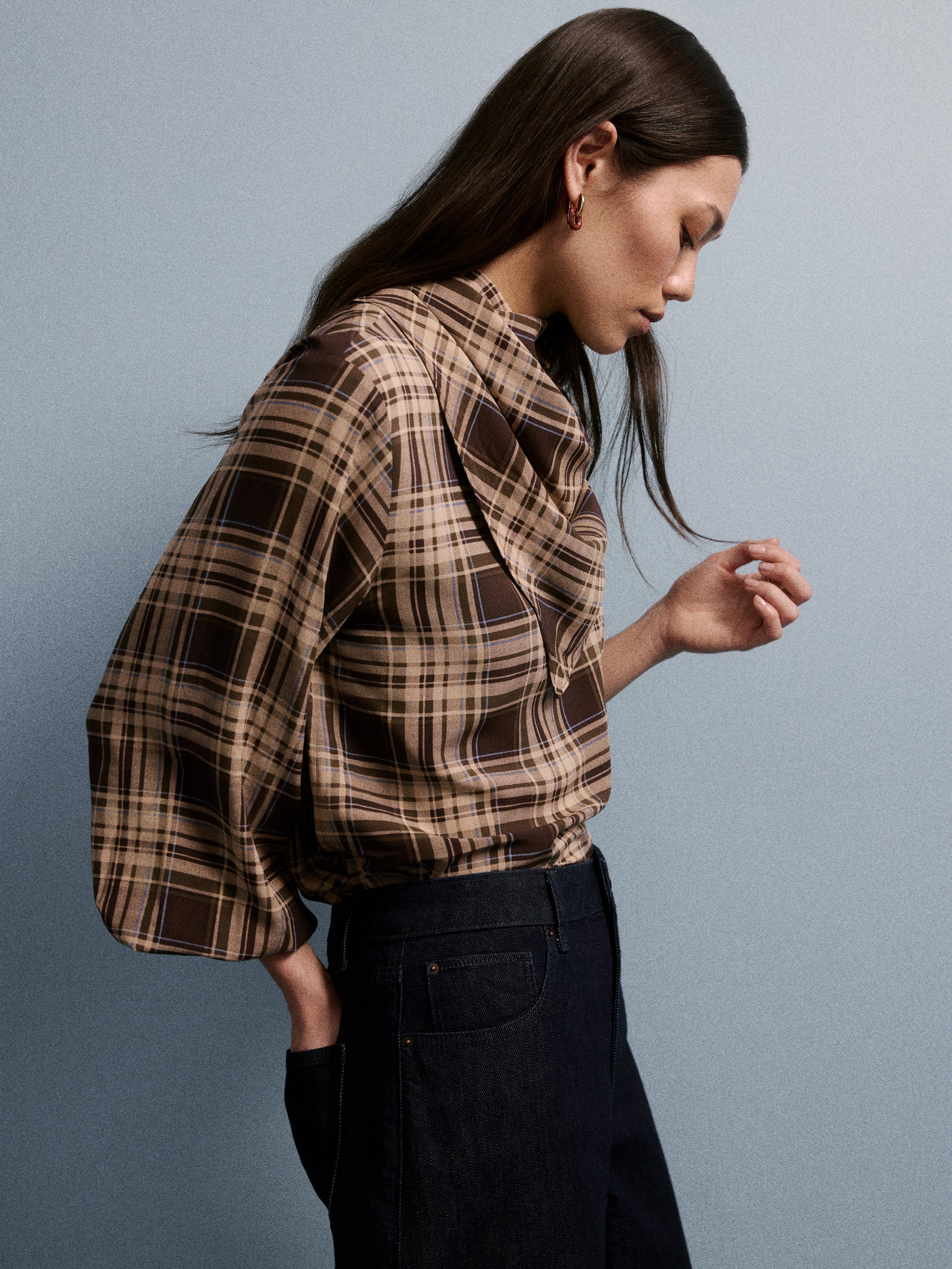 Blouse Popover à Manches Longues avec Encolure à Foulard