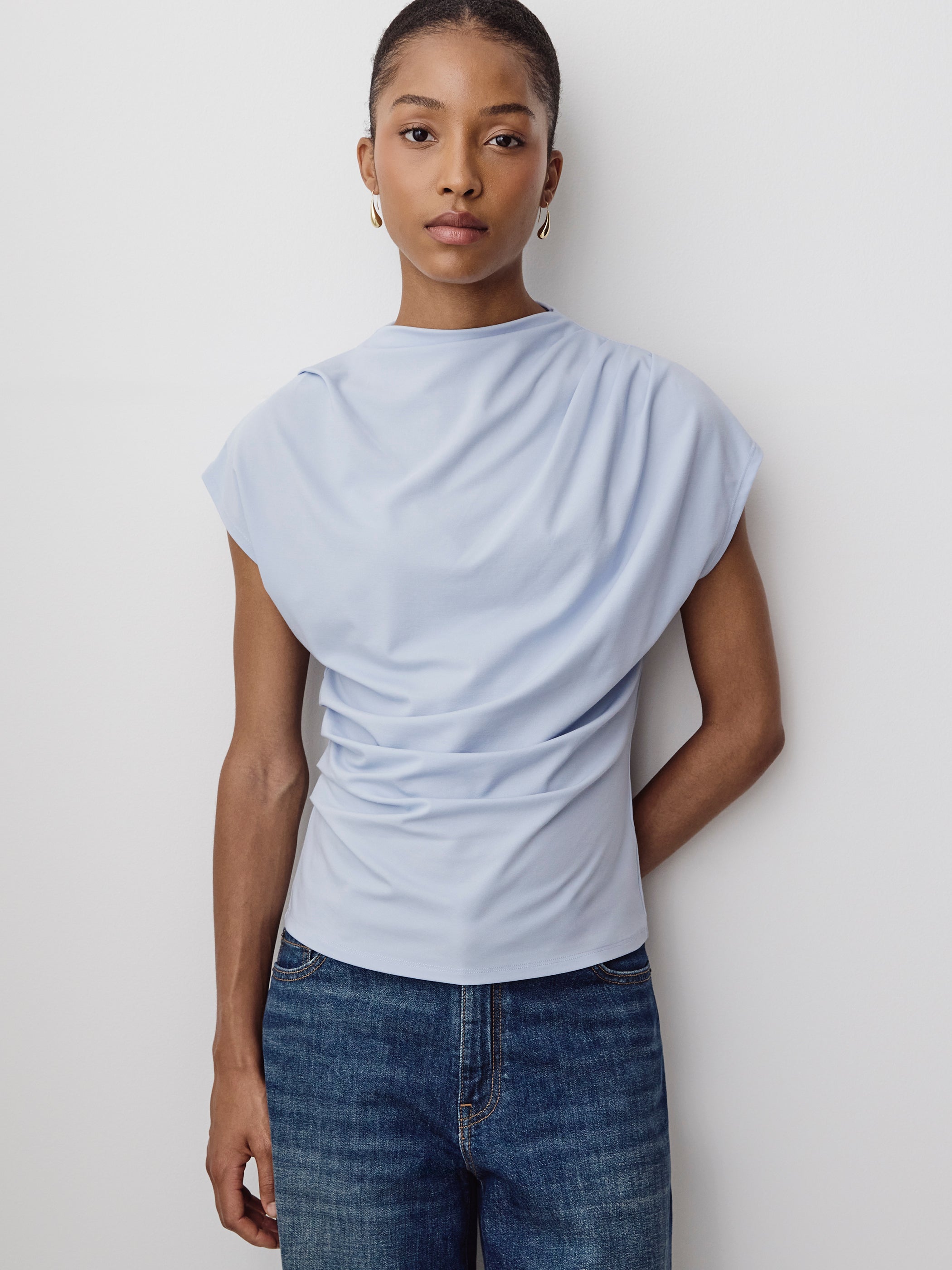 Extended-Sleeve Crew-Neck Draped Top