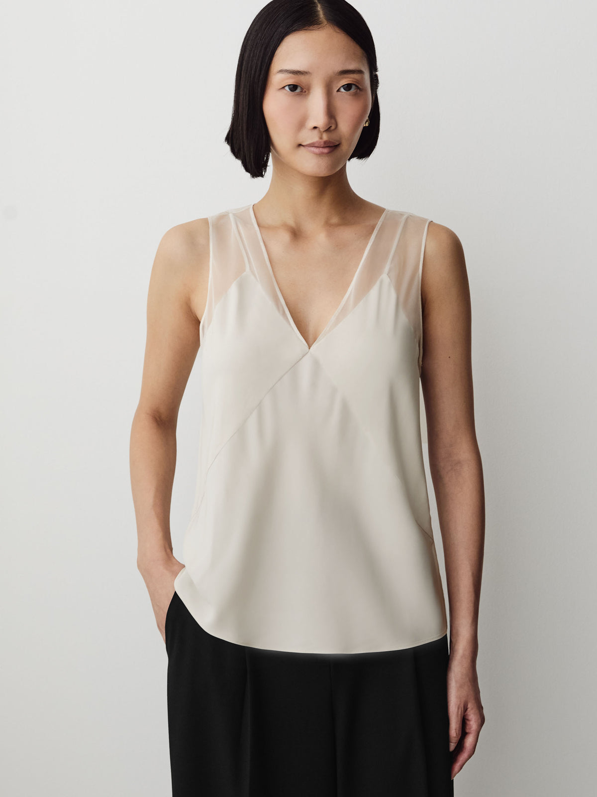 Sleeveless V-Neck Blouse with Sheer Straps