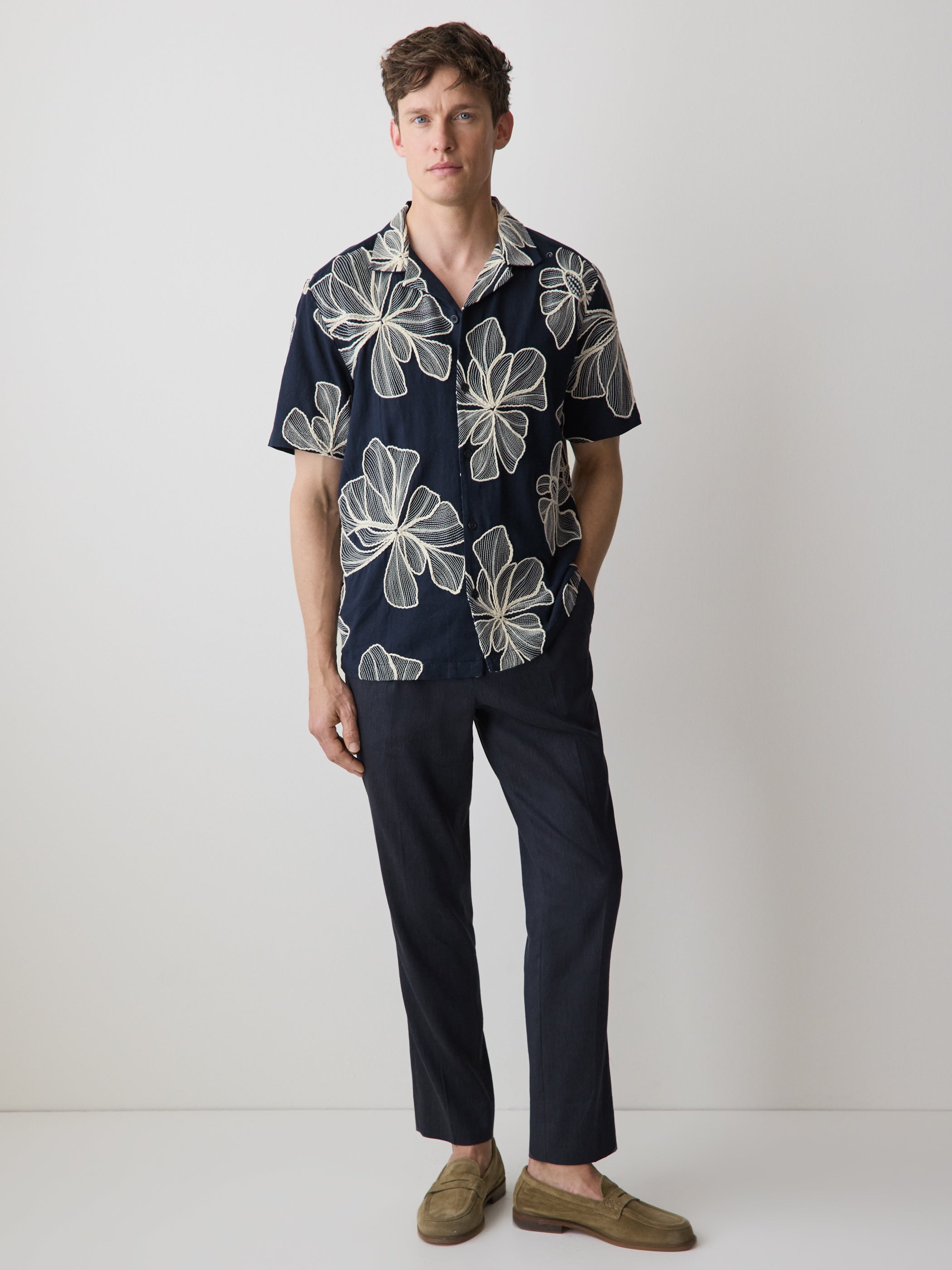 Short-Sleeve Camp-Collar Shirt with Embroidered Details