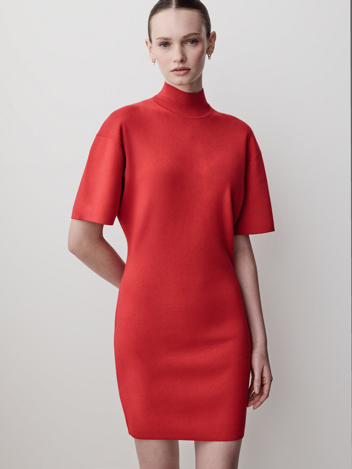 Short-Sleeve Mock-Neck Mini Sweater Dress