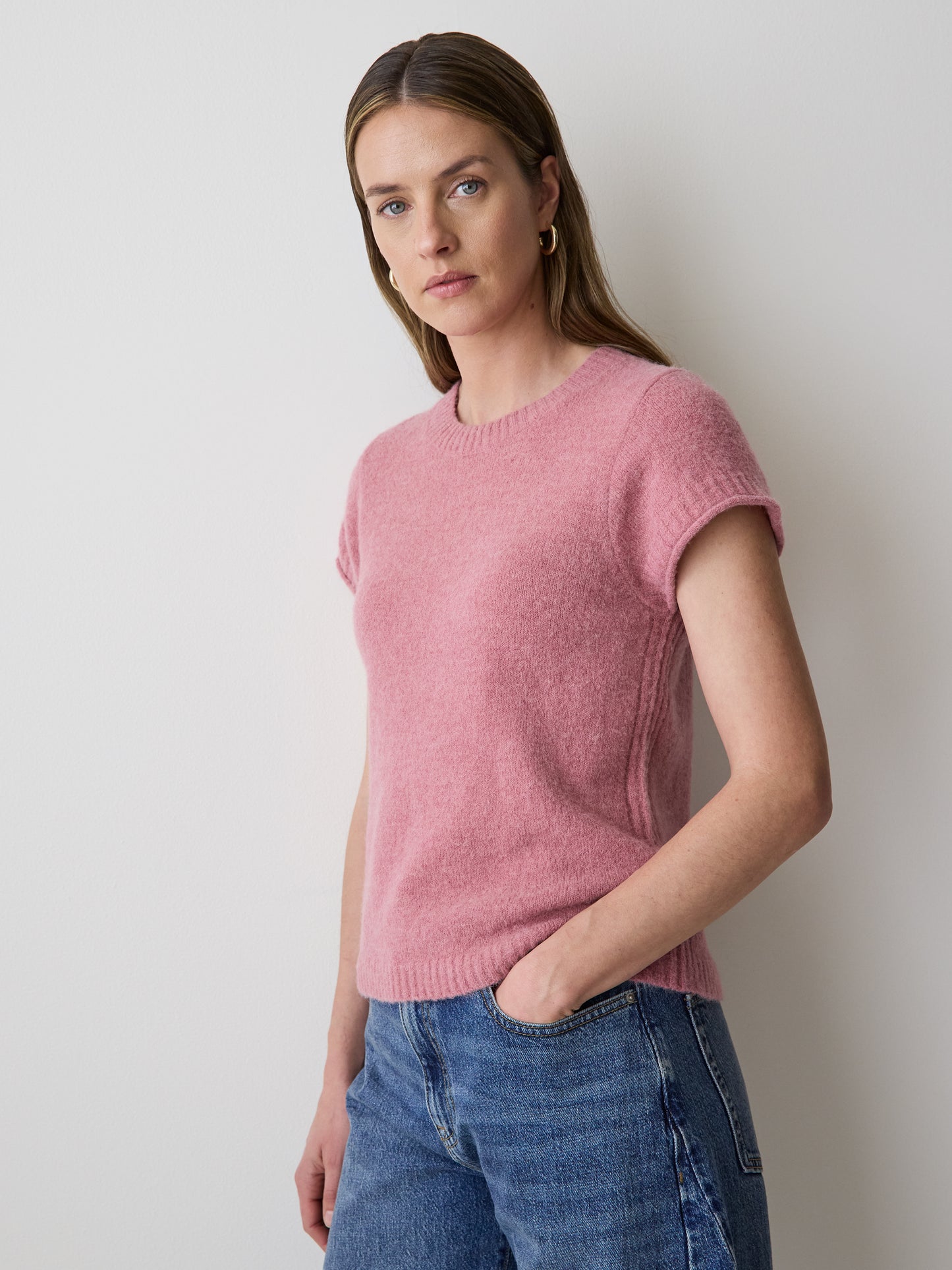 Wool-Blend Cap-Sleeve Crew-Neck Boxy Sweater