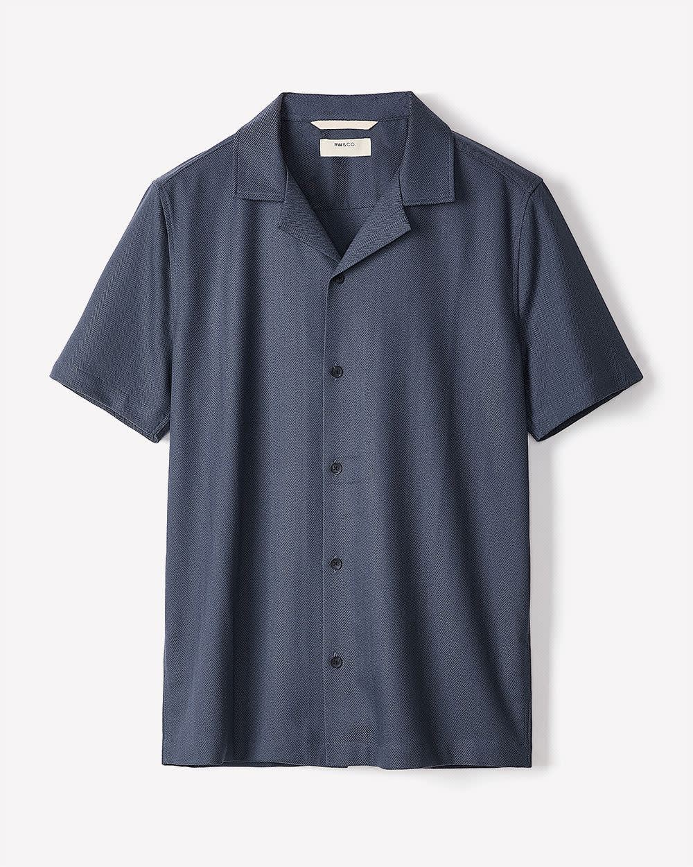 Short-Sleeve Herringbone Shirt with Camp Collar