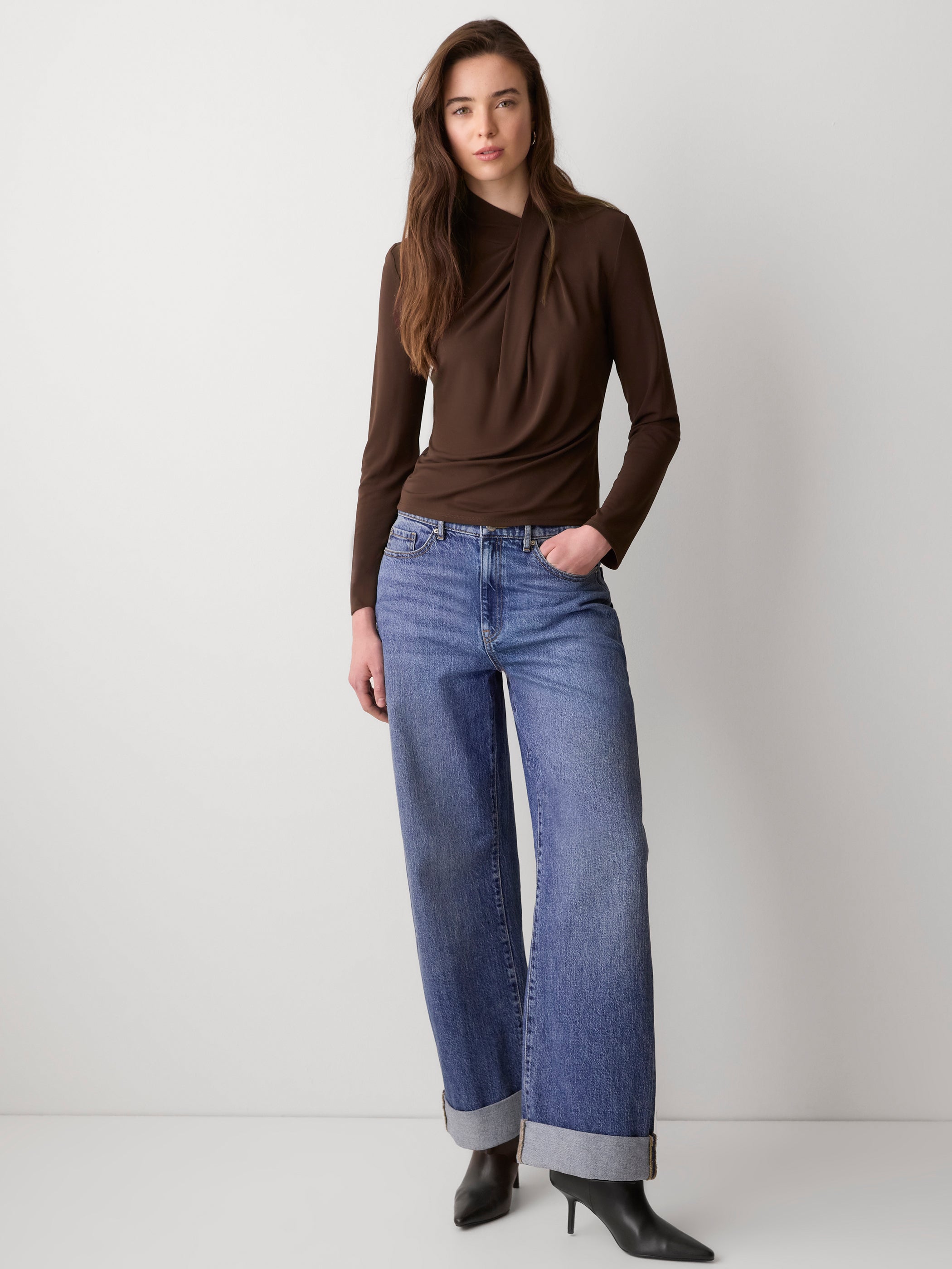 Haut à Manches Longues à Col Montant Drapé à Détail Croisé