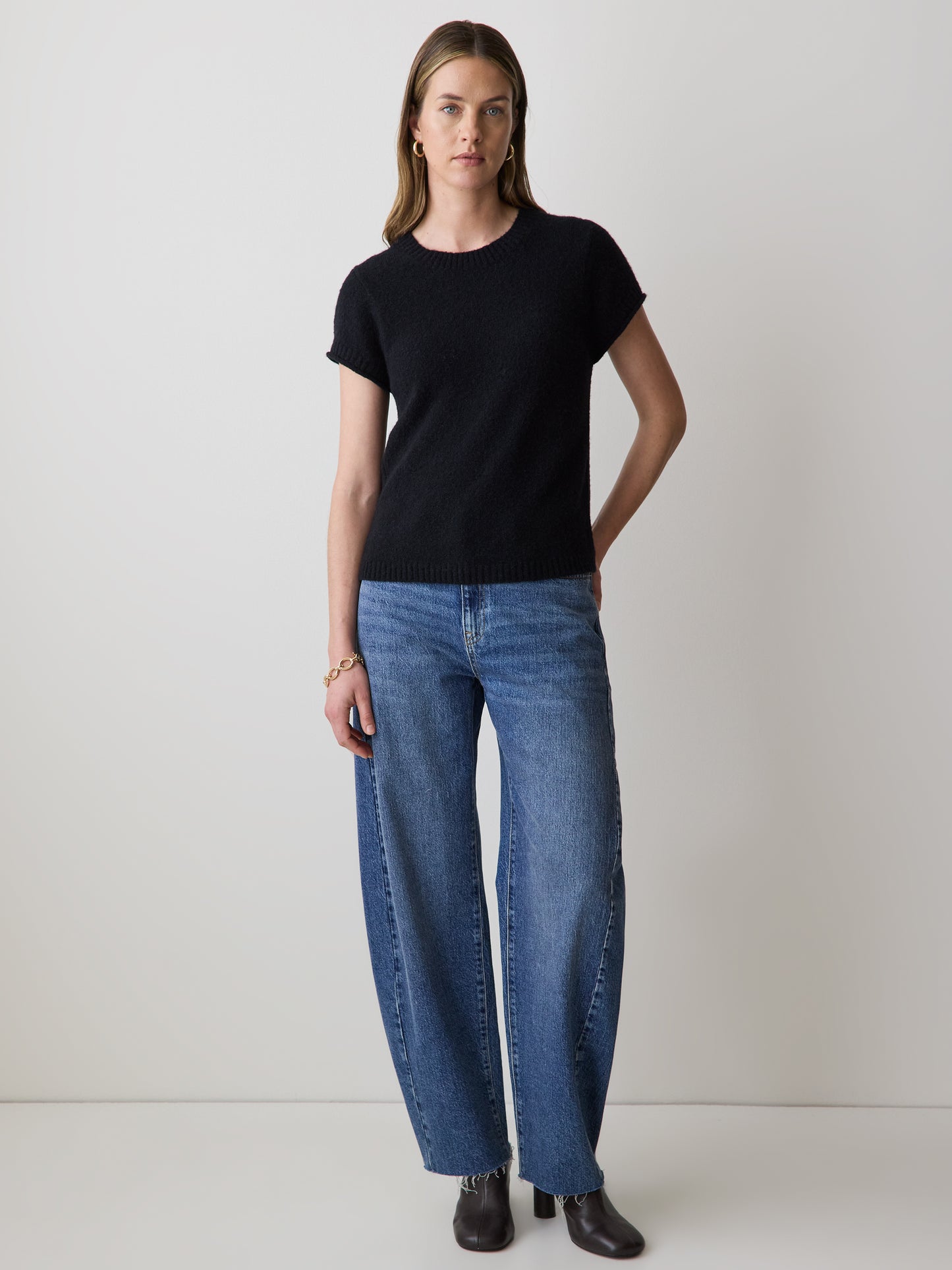 Wool-Blend Cap-Sleeve Crew-Neck Boxy Sweater