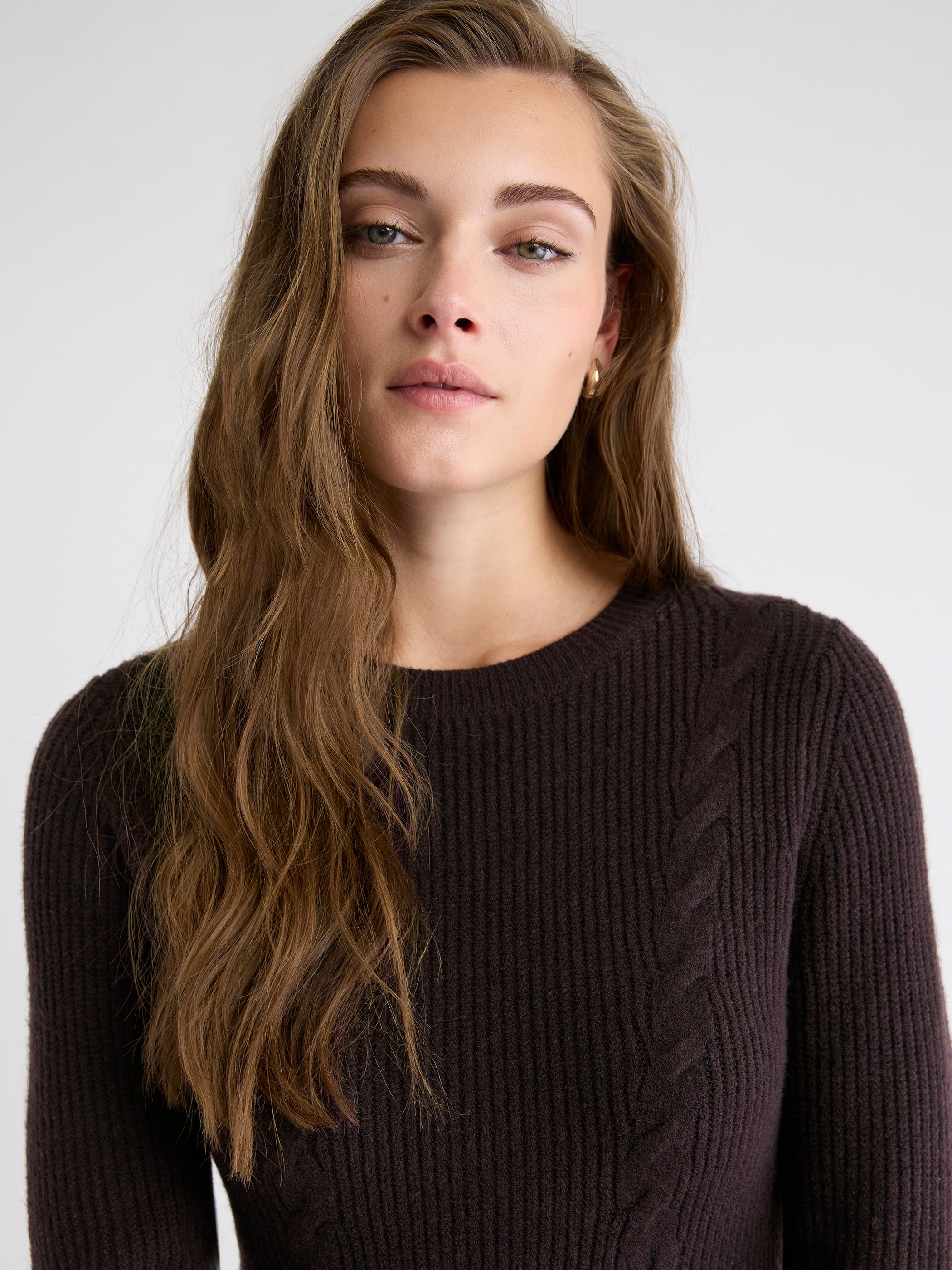 Robe Courte en Tricot Côtelé à Manches Longues et Col Rond