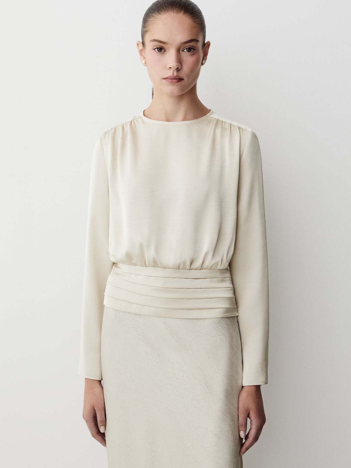 Long-Sleeve Crew-Neck Blouse with Shoulder Pads