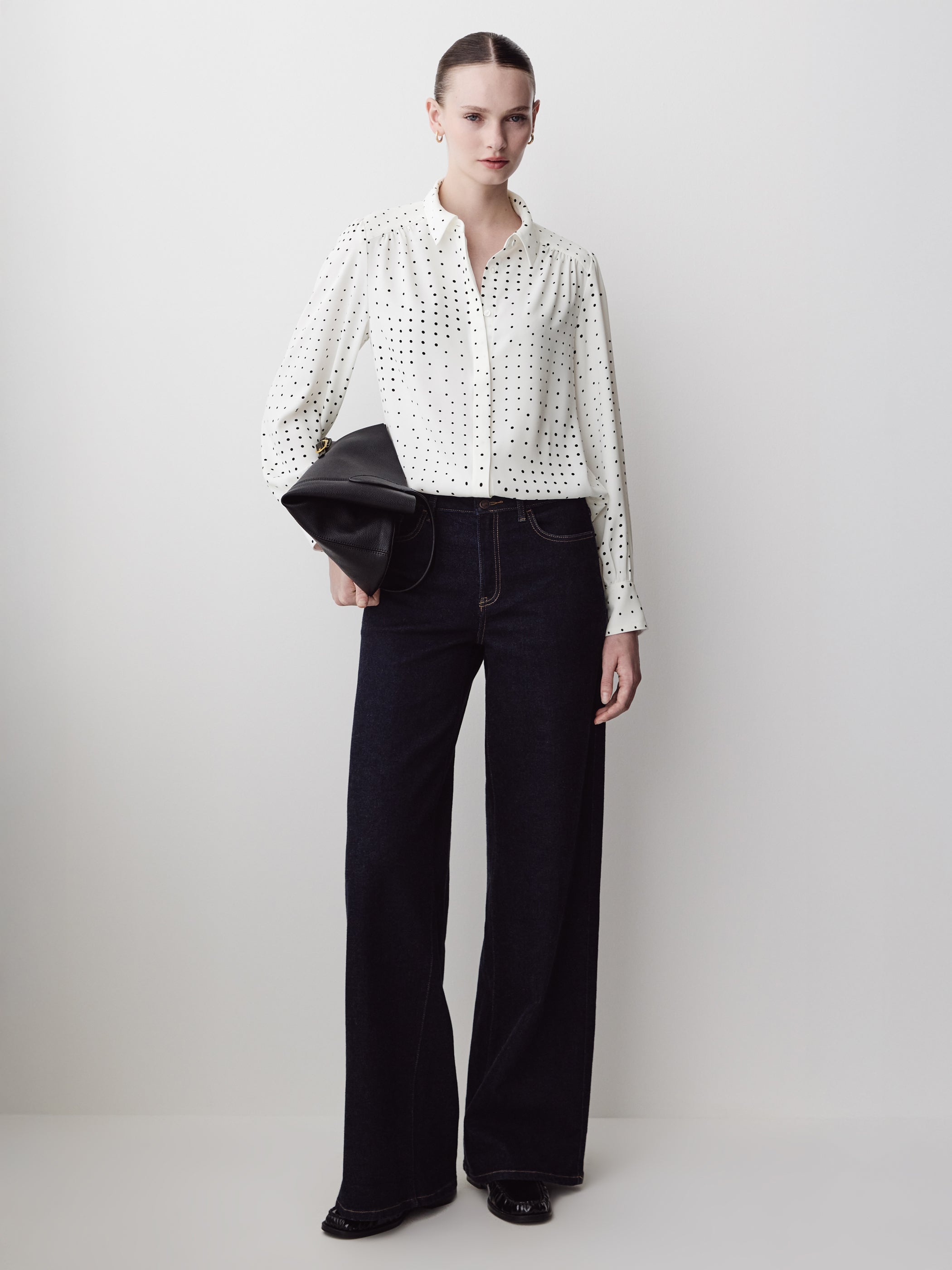 Silky Crepe Long-Sleeve Buttoned-Down Blouse
