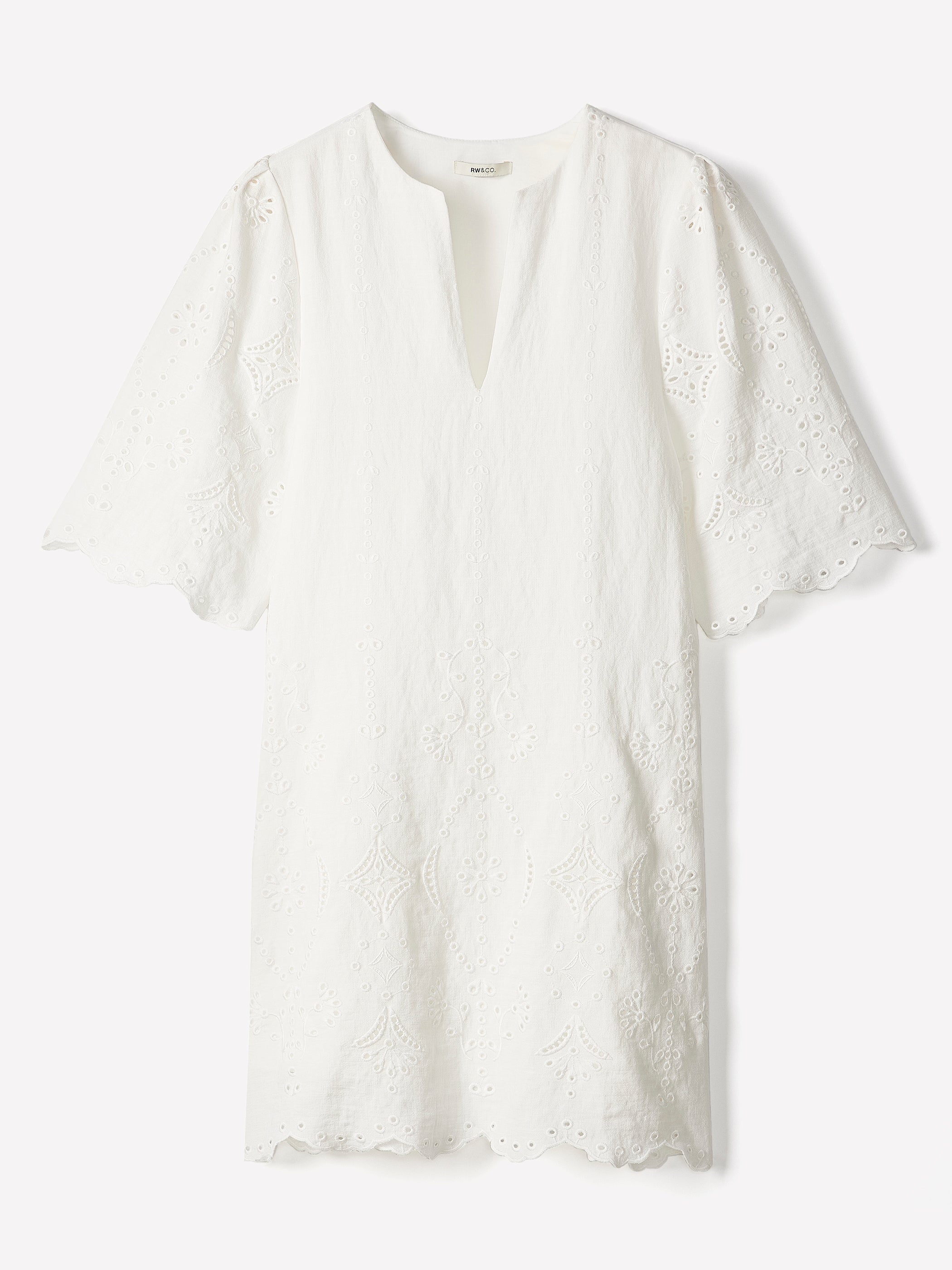 Short Sleeve Woven Dress with Embroidered Neckline