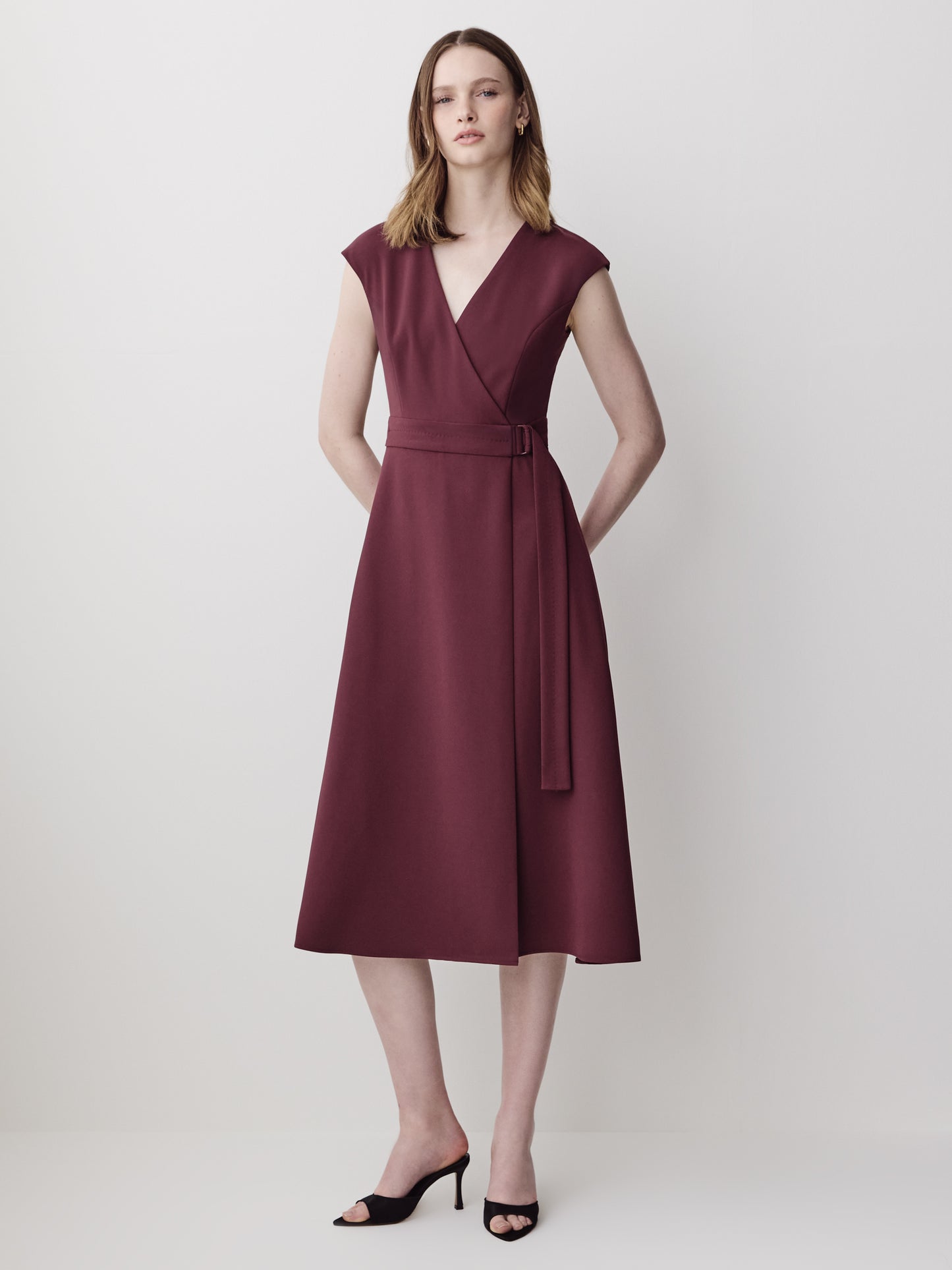 Extended-Sleeve V-Neck Wrap Midi Dress