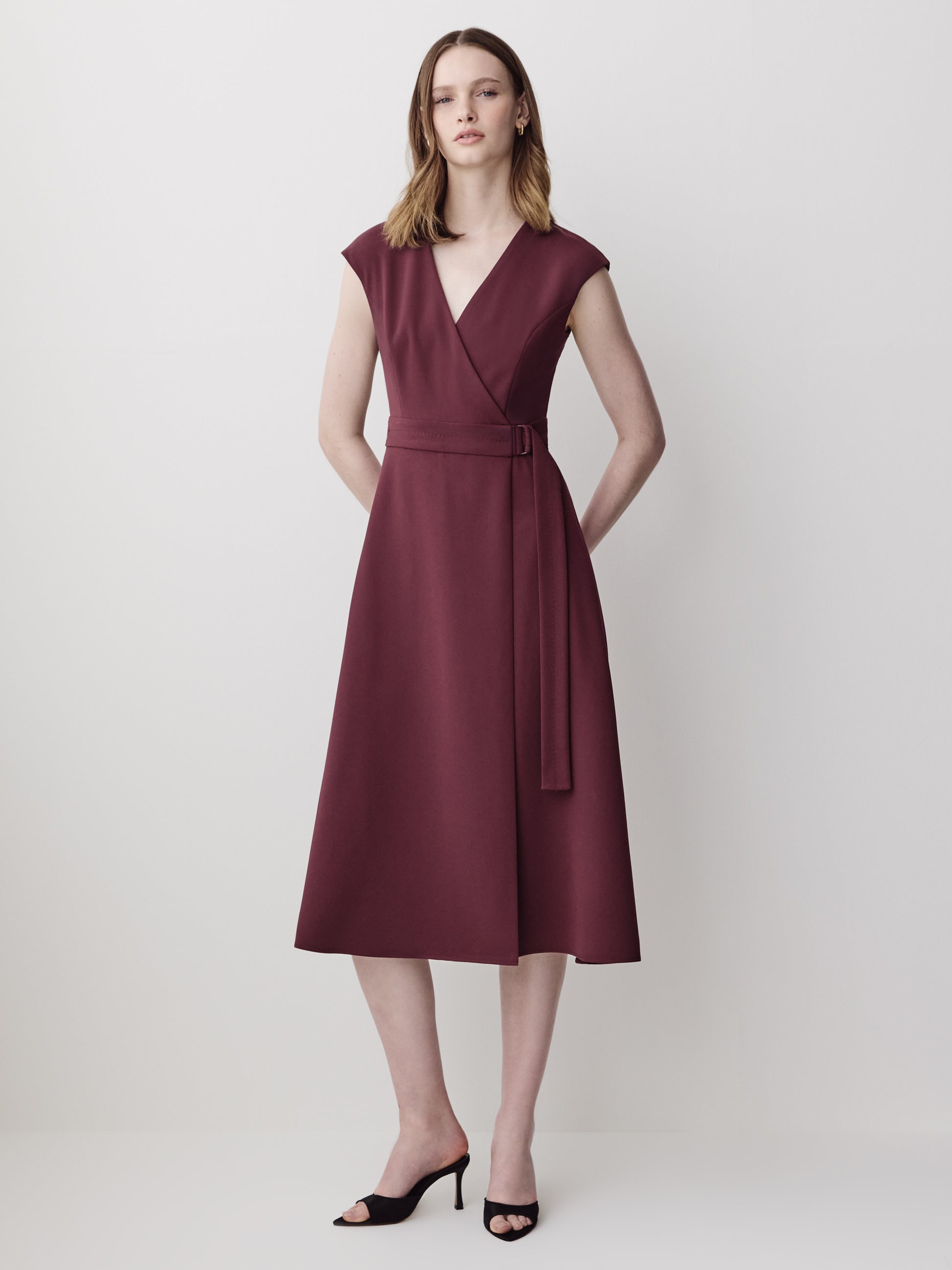 Extended-Sleeve V-Neck Wrap Midi Dress