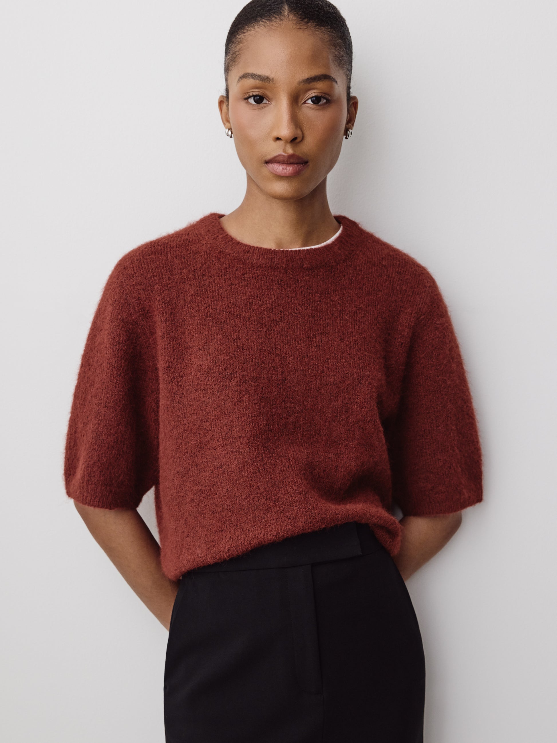Knit Sweater Striped Hairy Short Sleeve