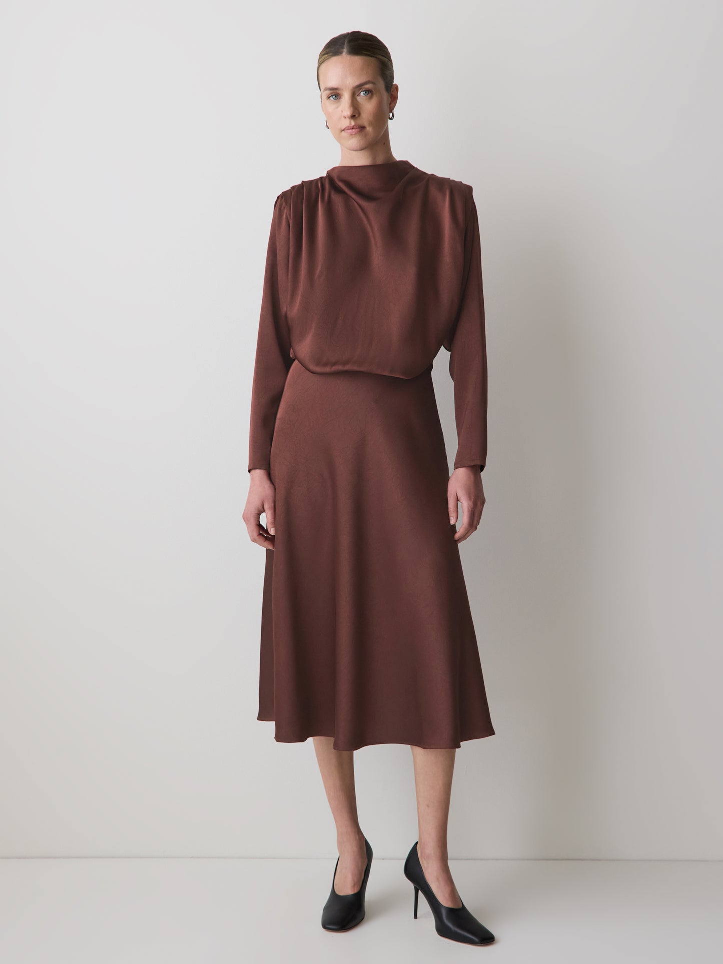 Satin Long-Sleeve Crew-Neck Midi Dress