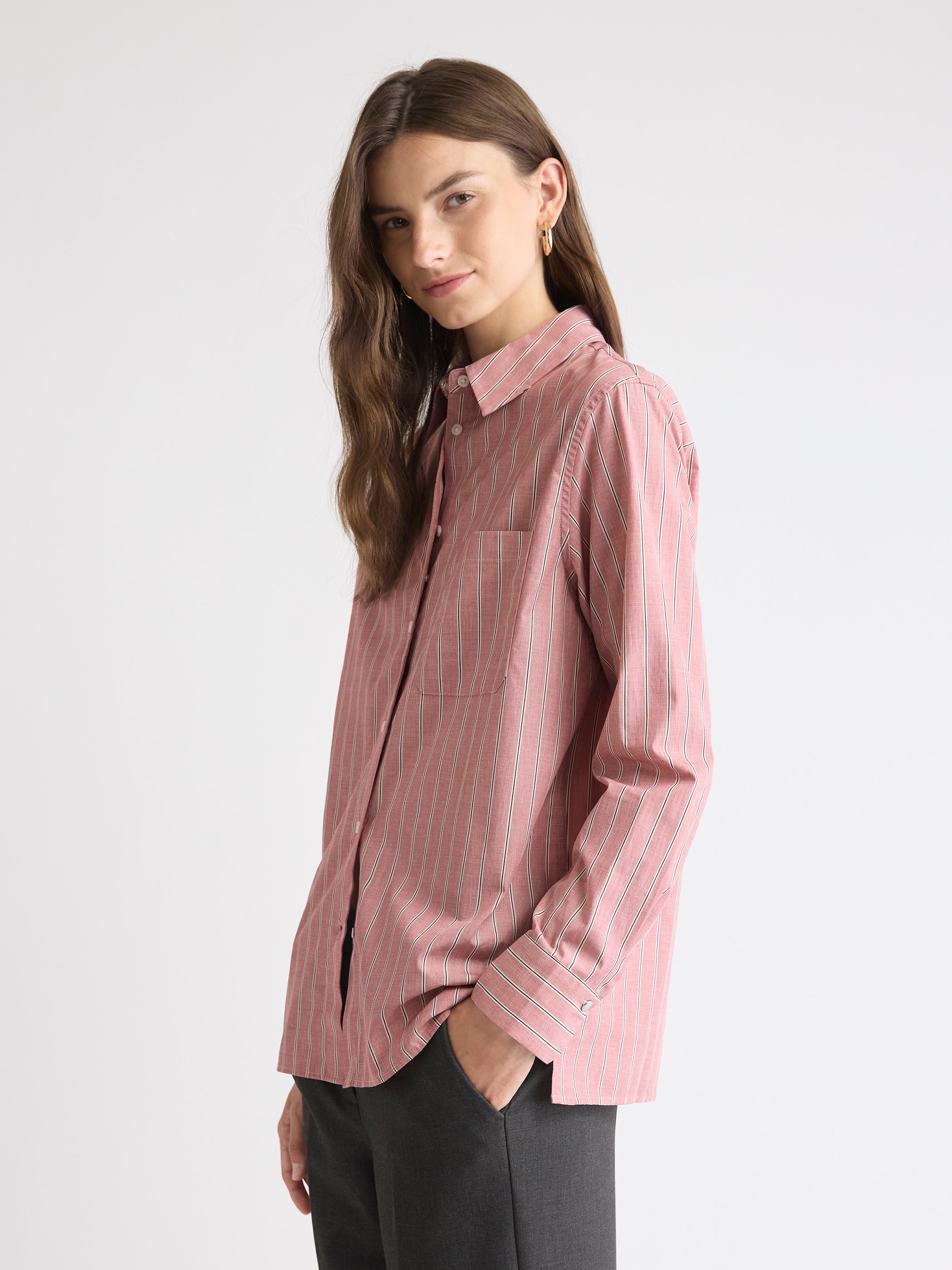 Blouse Boutonnée en Popeline Rayée à Manches Longues