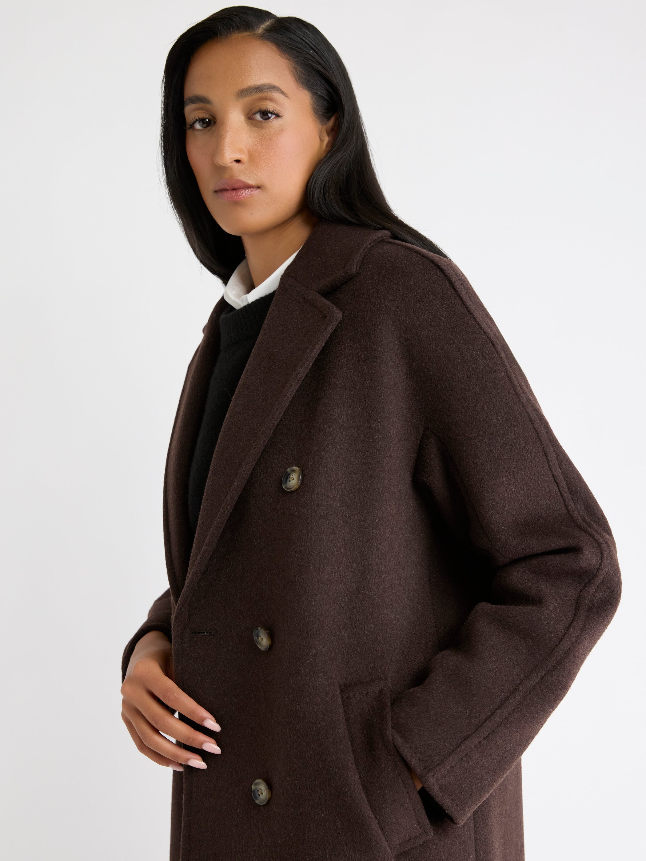 Manteau Long à Boutonnage Double en Mélange de Laine