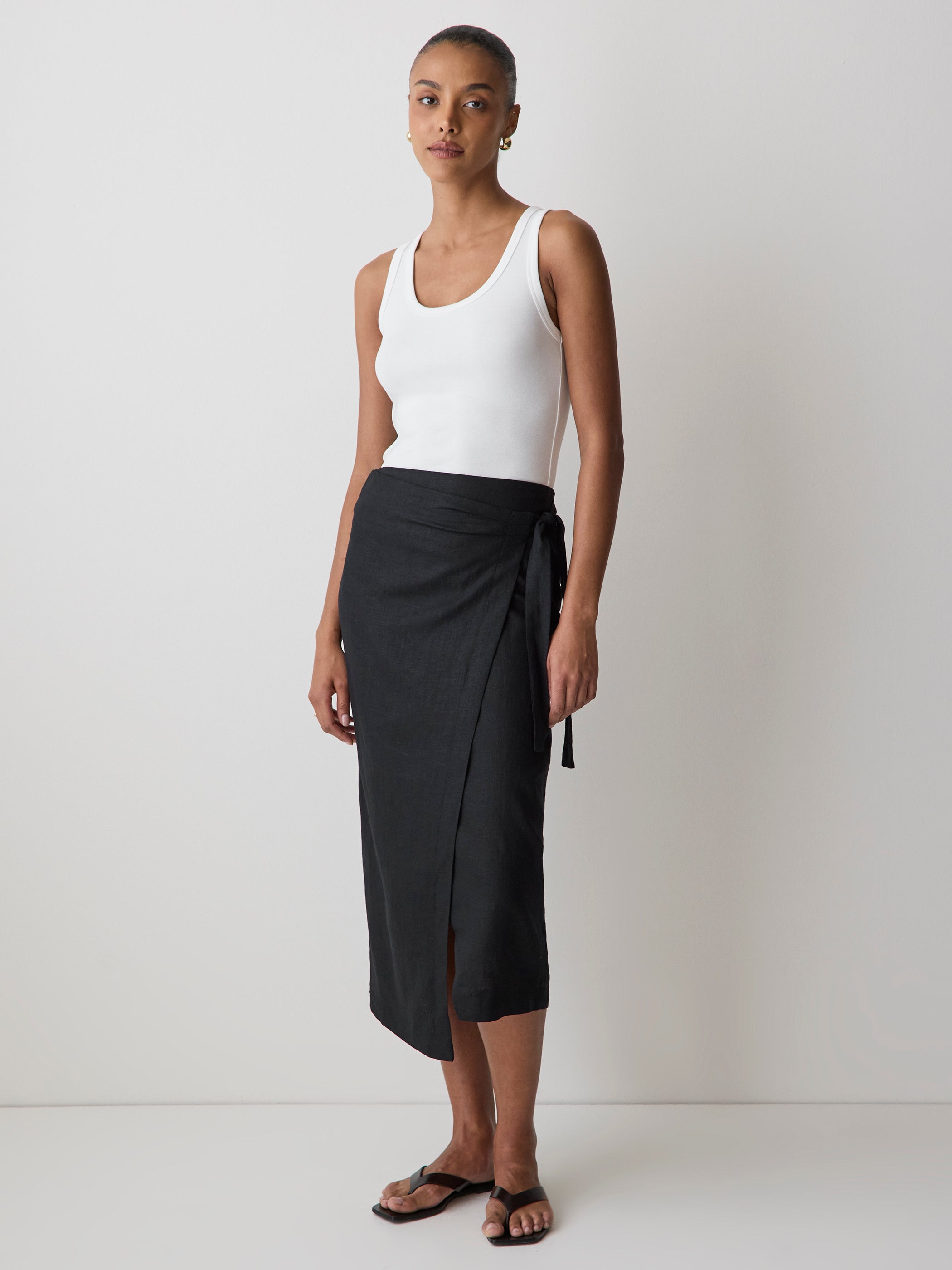 Woven Linen Blend Wrap Midi Skirt