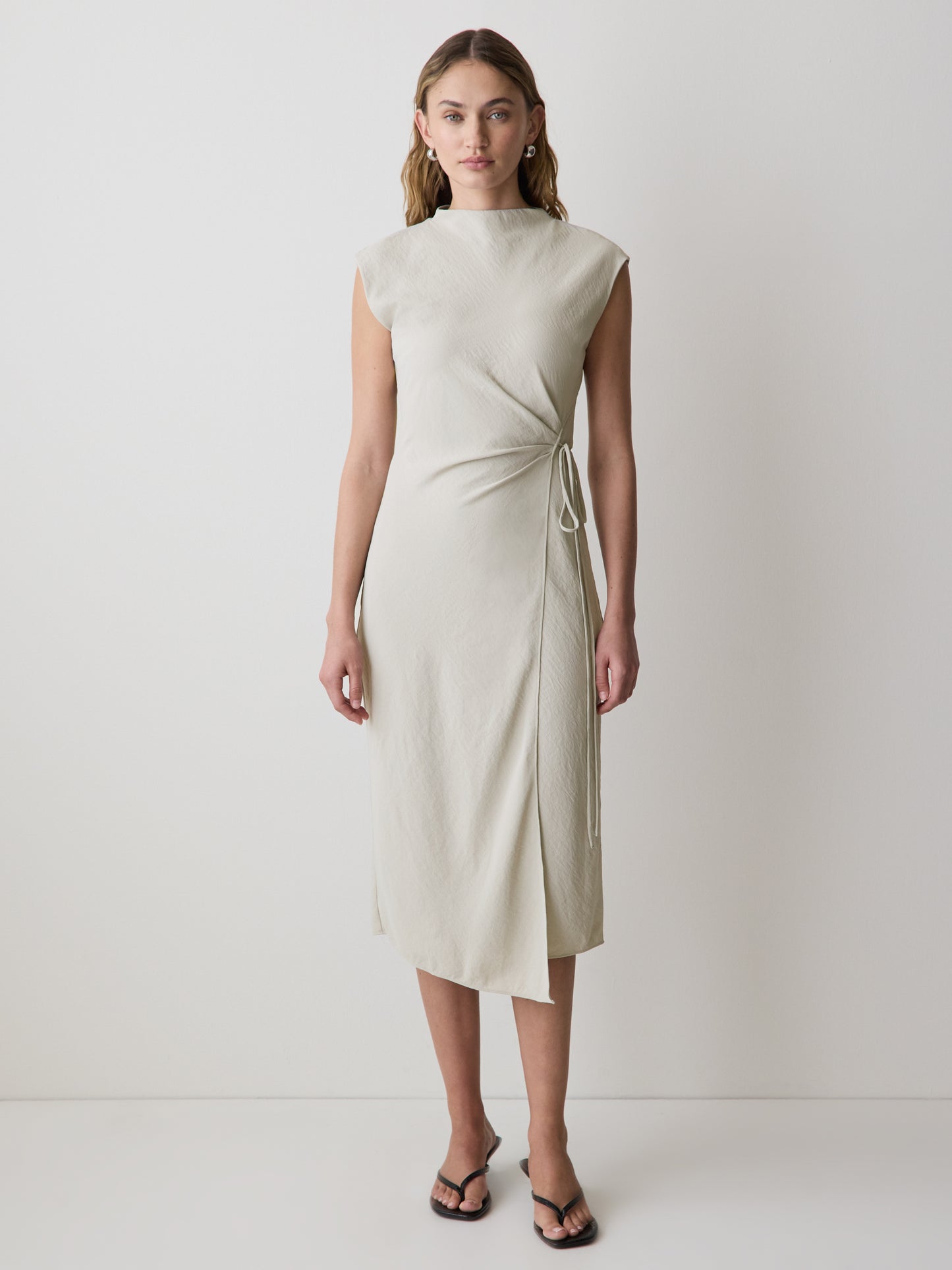 Extended-Sleeve Mock-Neck Midi Dress with Wrap Detail