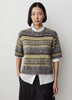 Striped Short-Sleeve Crew-Neck Hairy Pullover