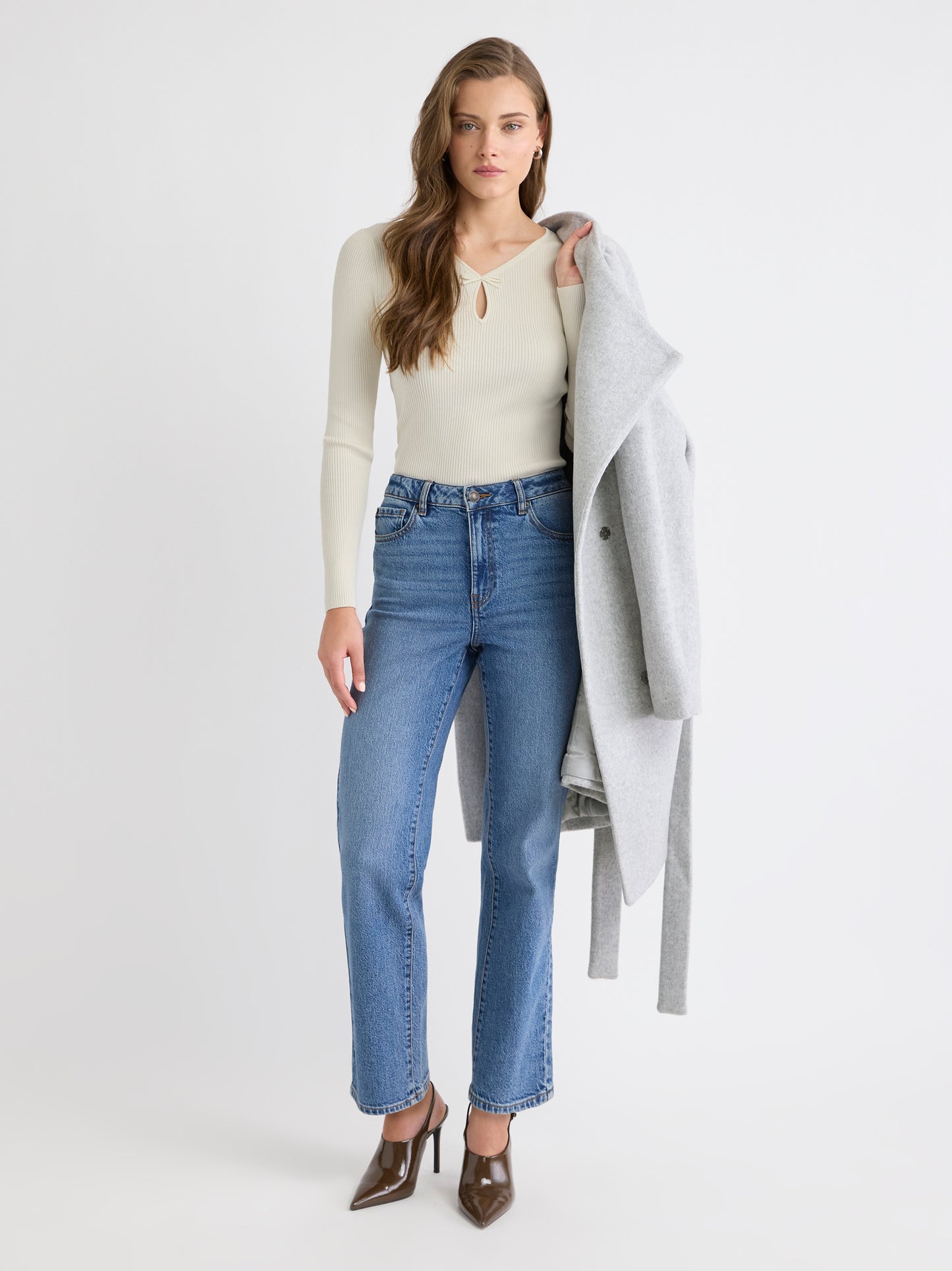 Haut Côtelé à Manches Longues et Col V