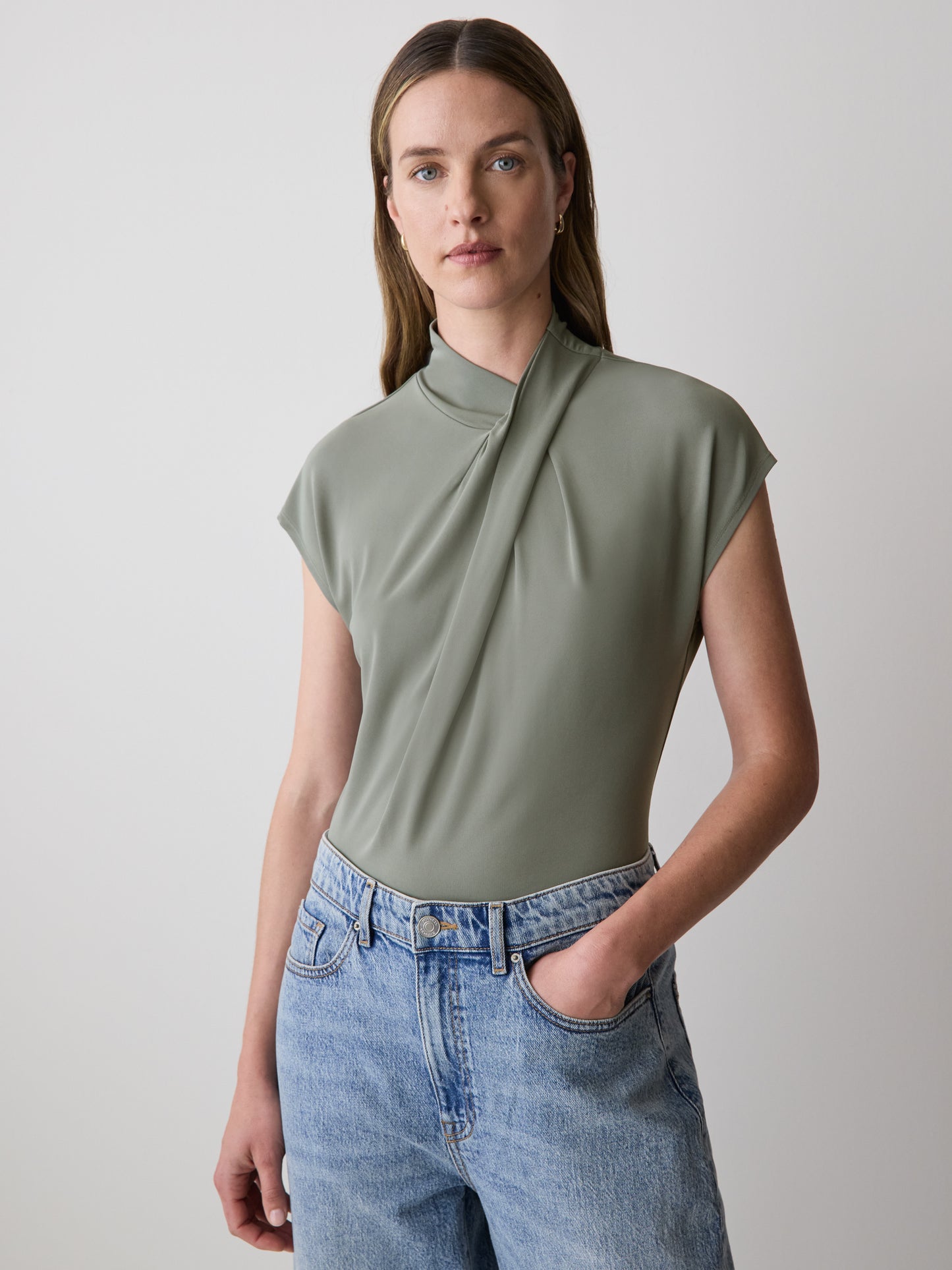 Extended-Sleeve Top with Crossover Draped Mock Neckline