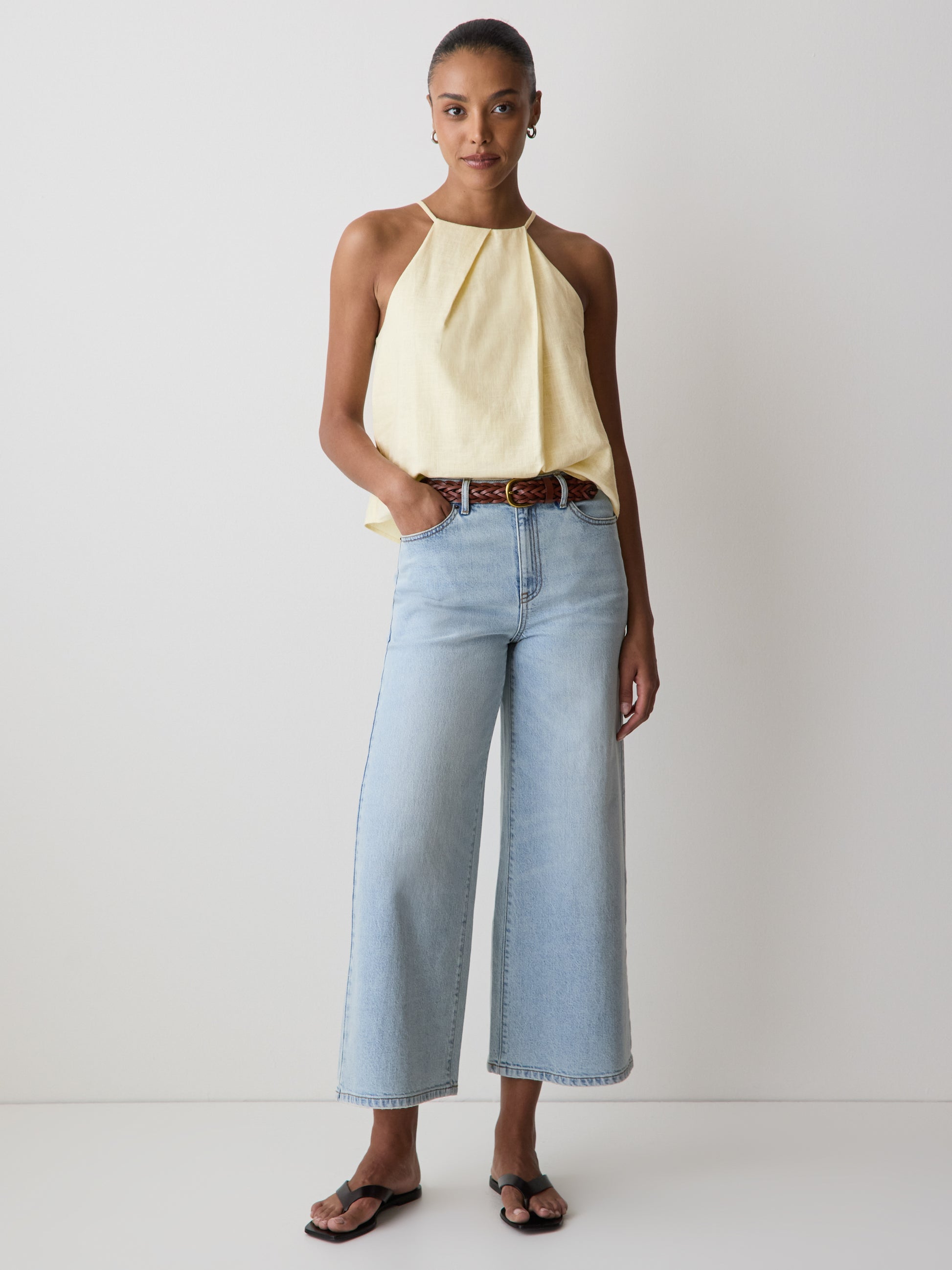 Woven Linen Blend Halter Top with Pleats