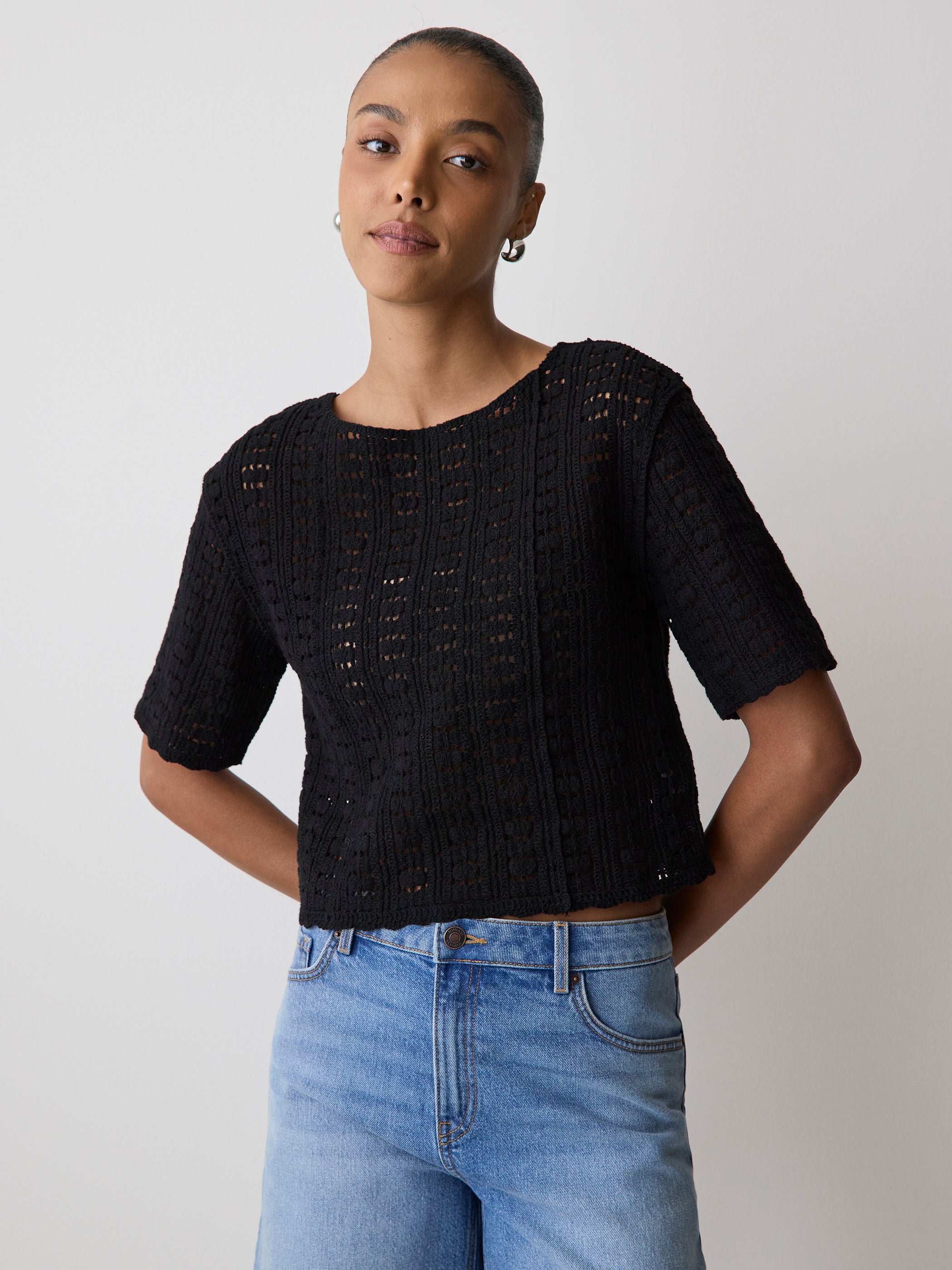 Knit Crochet Relaxed Tee in 100% Cotton