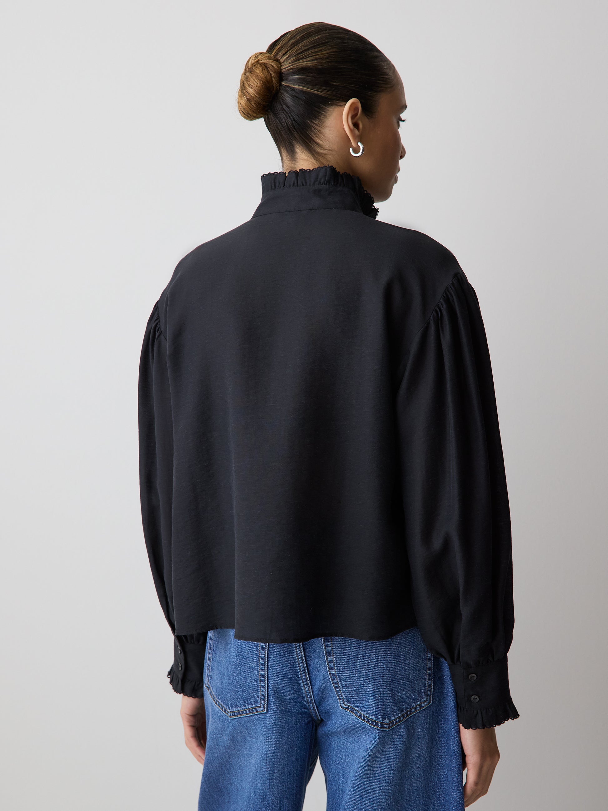 Long-Sleeve Crew-Neck Blouse with Ruffles