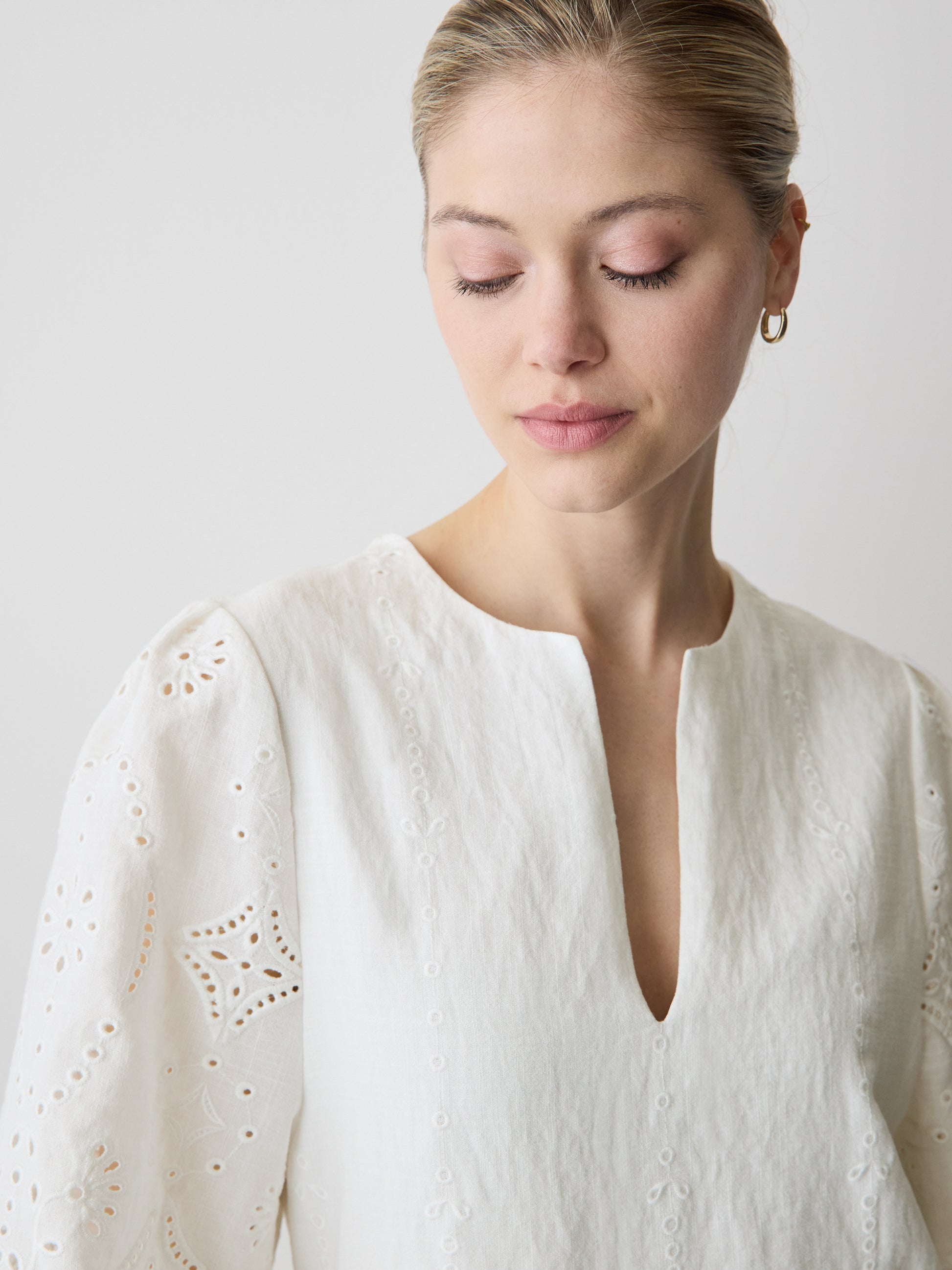Short Sleeve Woven Dress with Embroidered Neckline