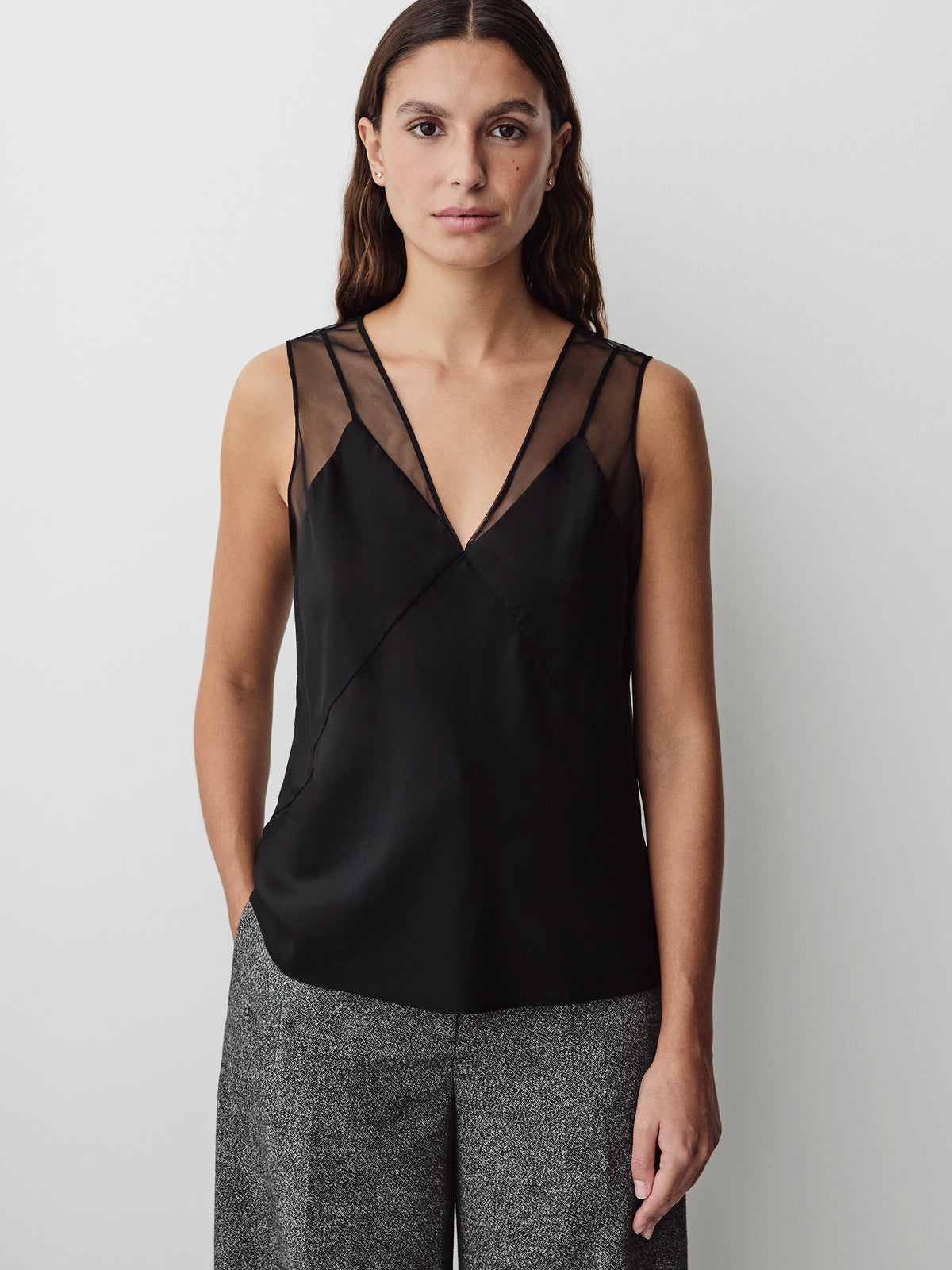 Sleeveless V-Neck Blouse with Sheer Straps