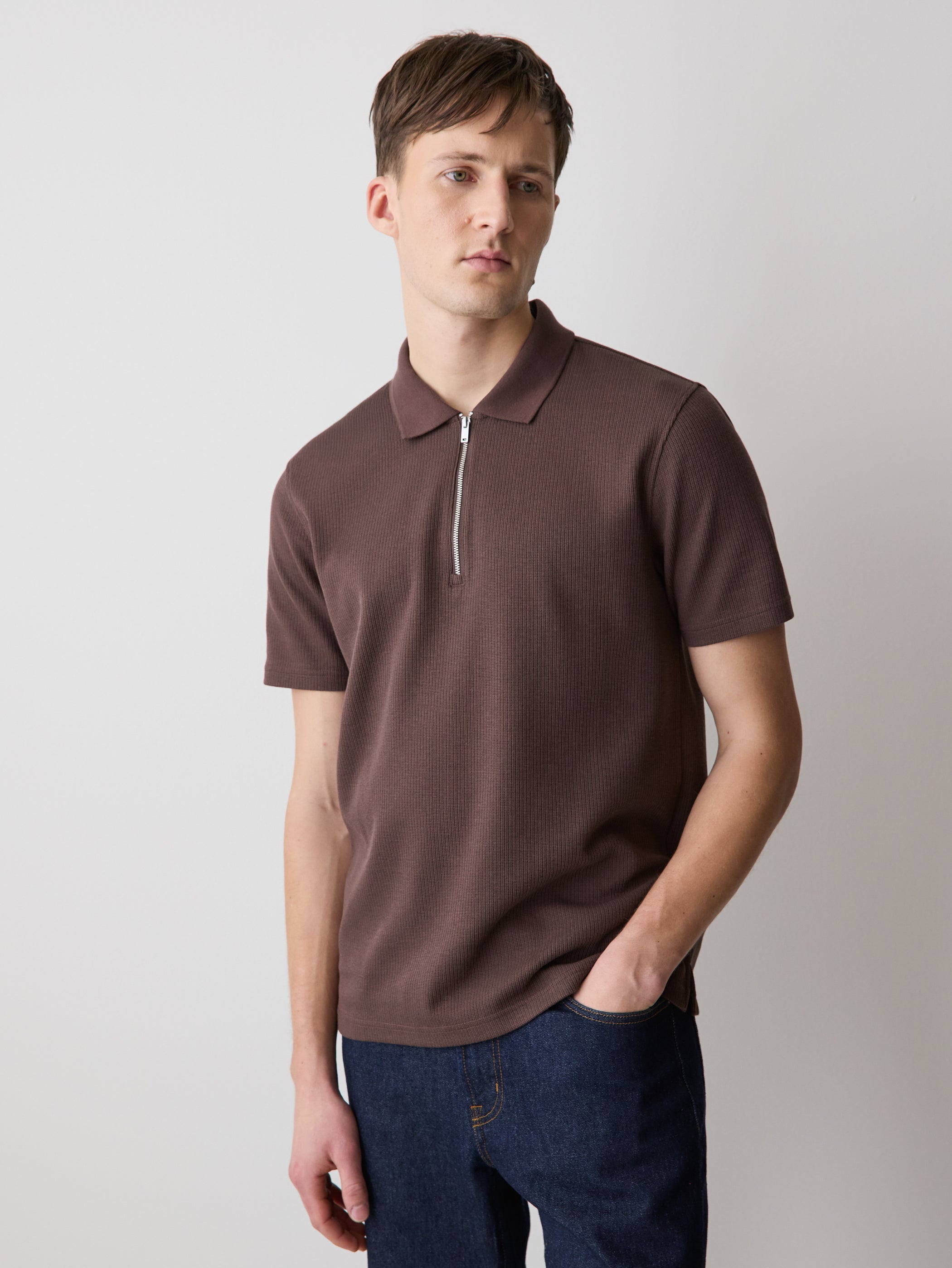 Polo Côtelé à Demi-Zip à Manches Courtes