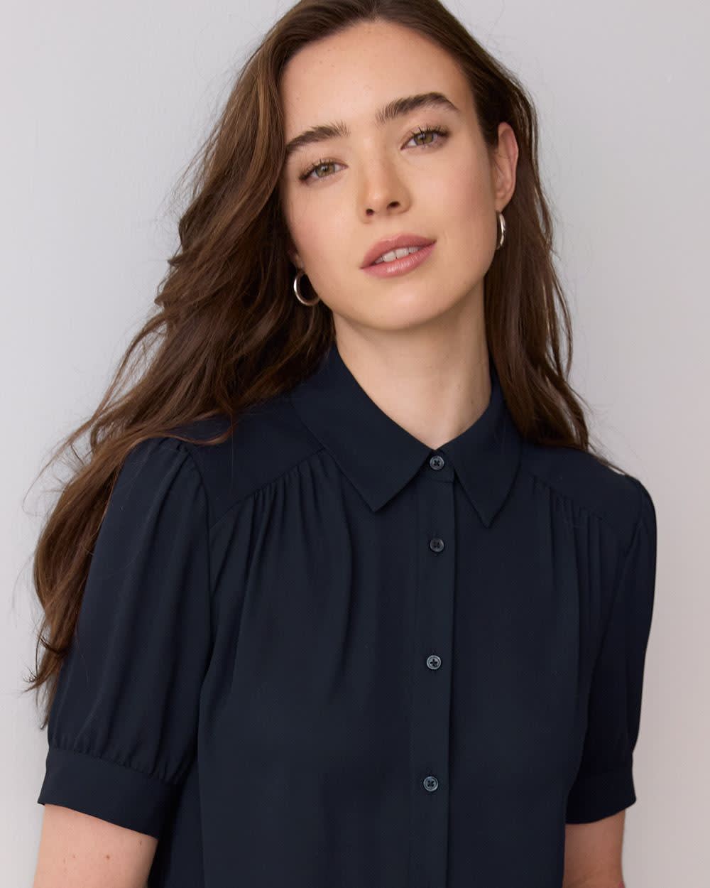 Silky Crepe Short-Sleeve Buttoned-Down Blouse