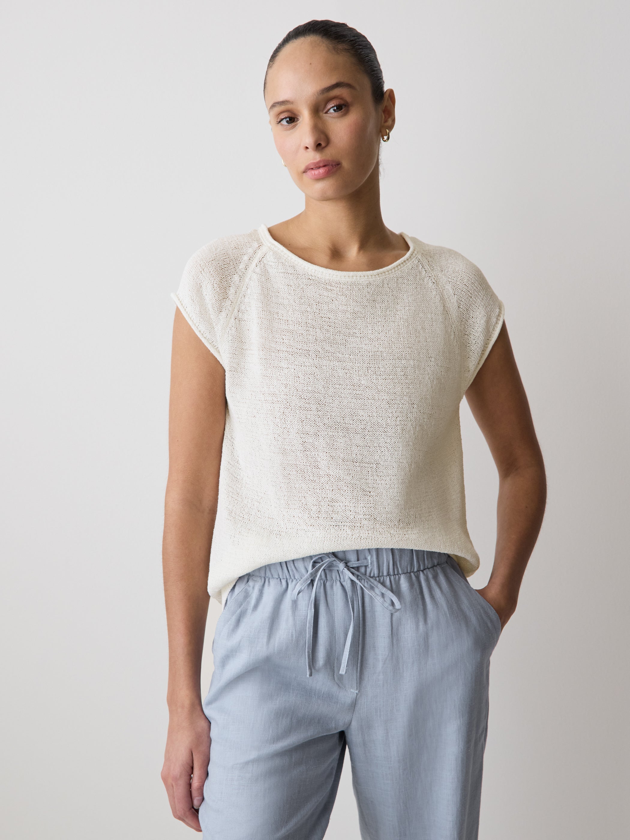 Cap-Sleeve Tape-Yarn Sweater