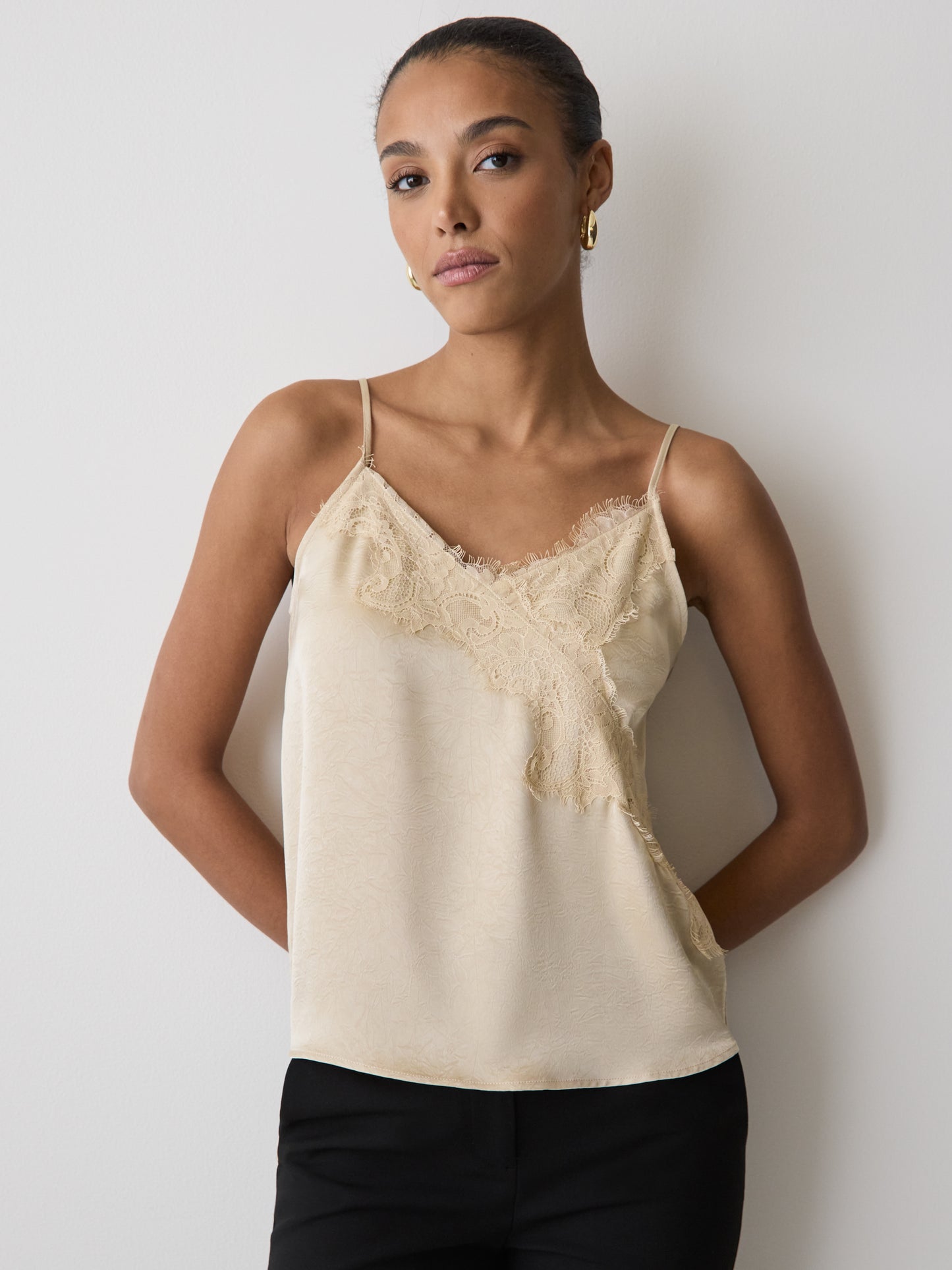 Sleeveless V-Neck Satin Blouse with Lace Trim