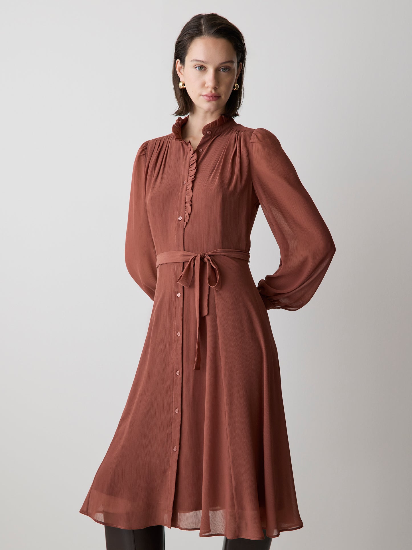 Long-Sleeve Mock-Neck Buttoned-Down Midi Dress