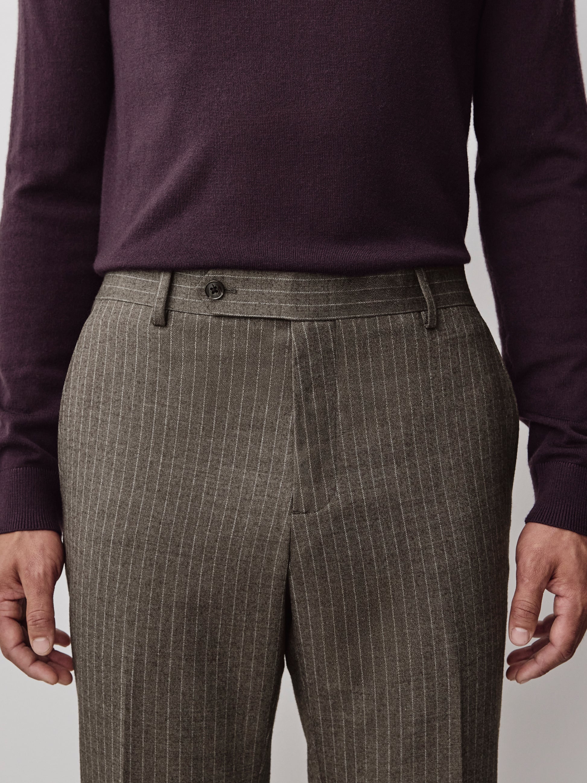 Tailored Brown Pinstripe Wool Blend Pant