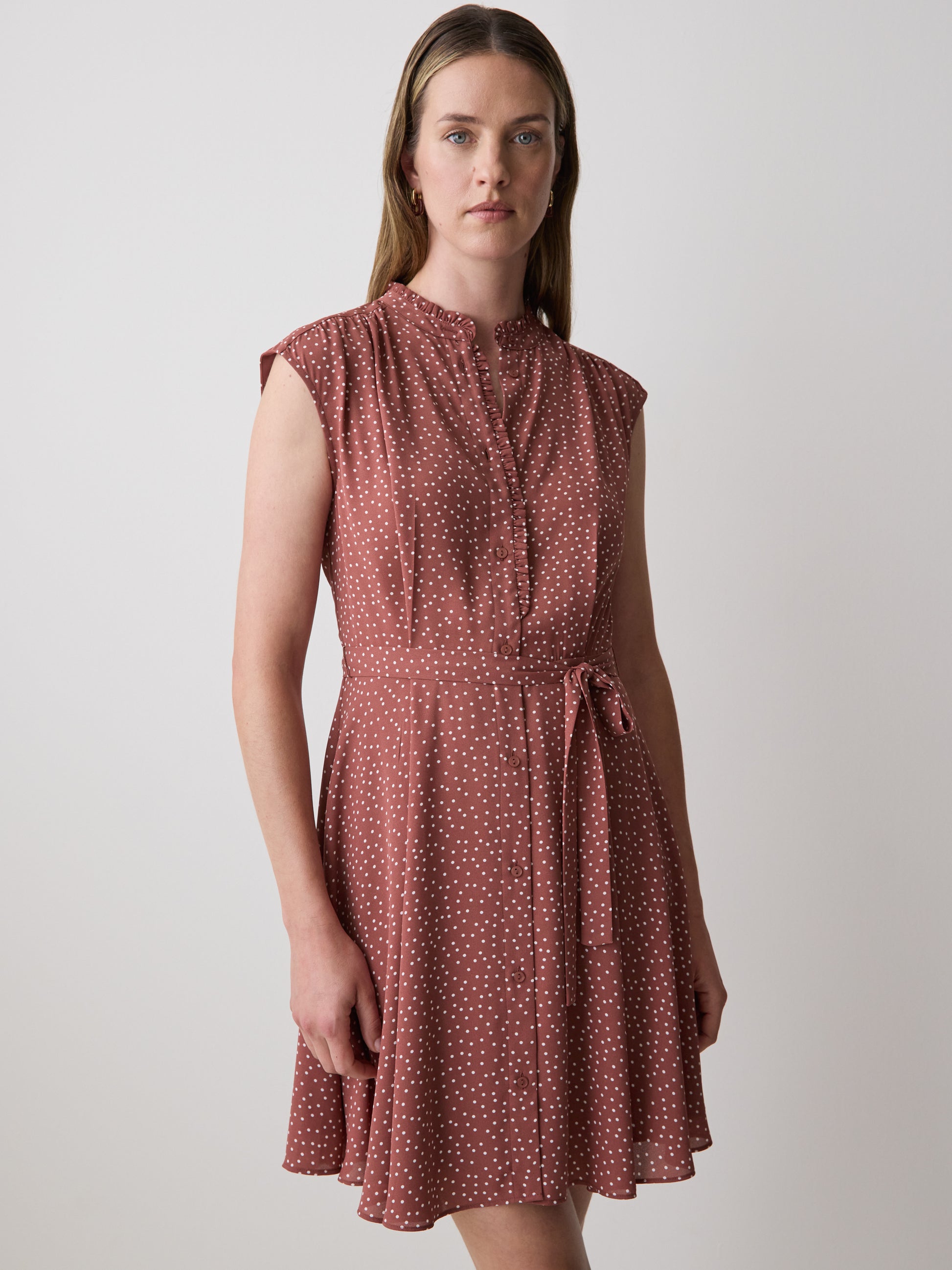 Sleeveless Mock-Neck Buttoned-Down Mini Dress