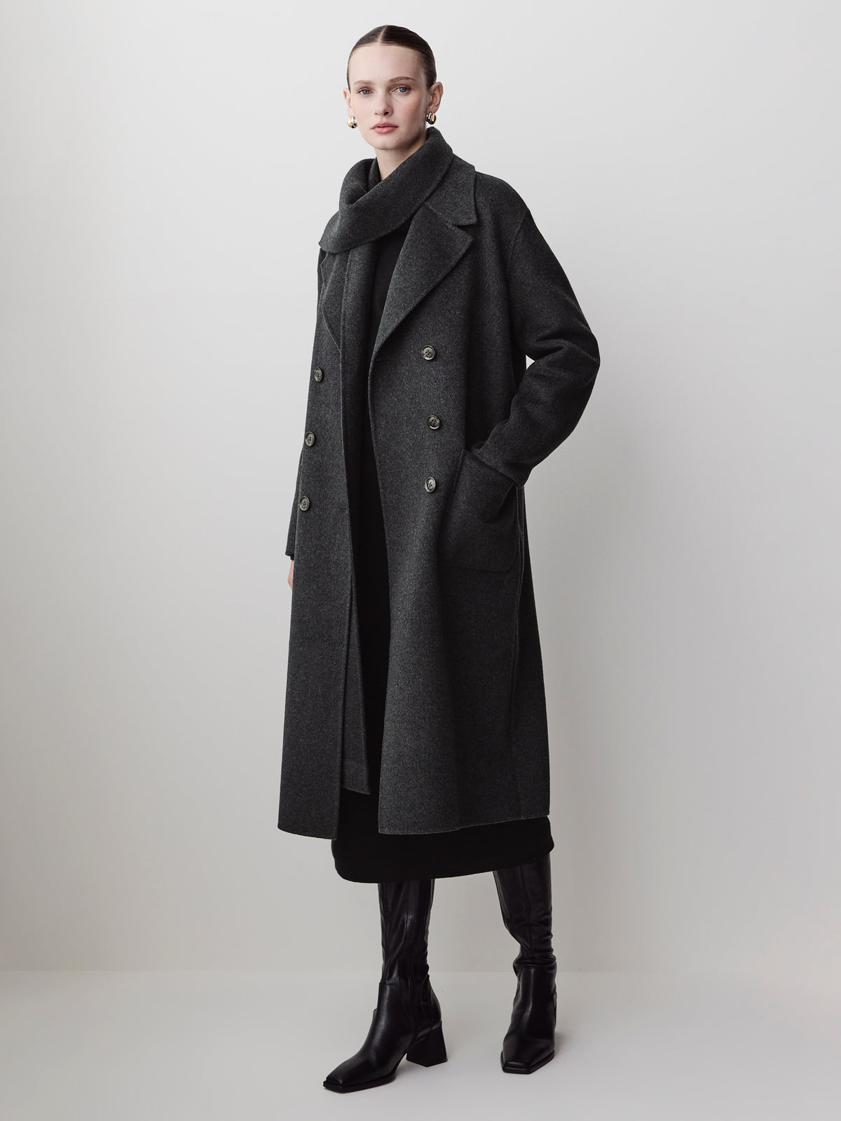 Wool Blend Double-Breasted Coat with Removable Scarf