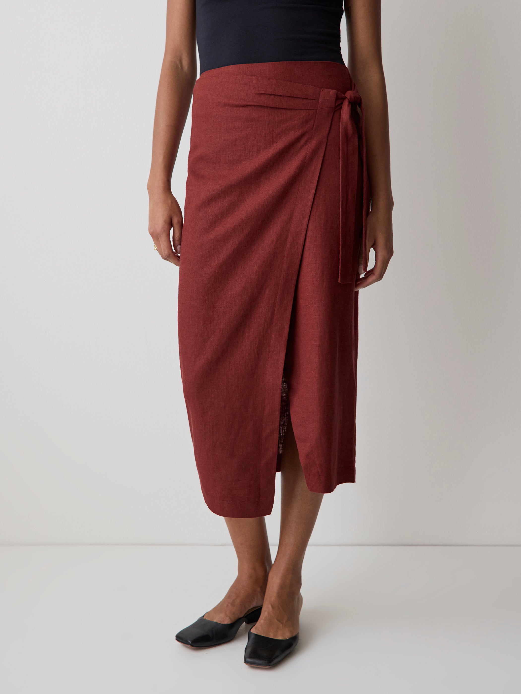 Woven Linen Blend Wrap Midi Skirt
