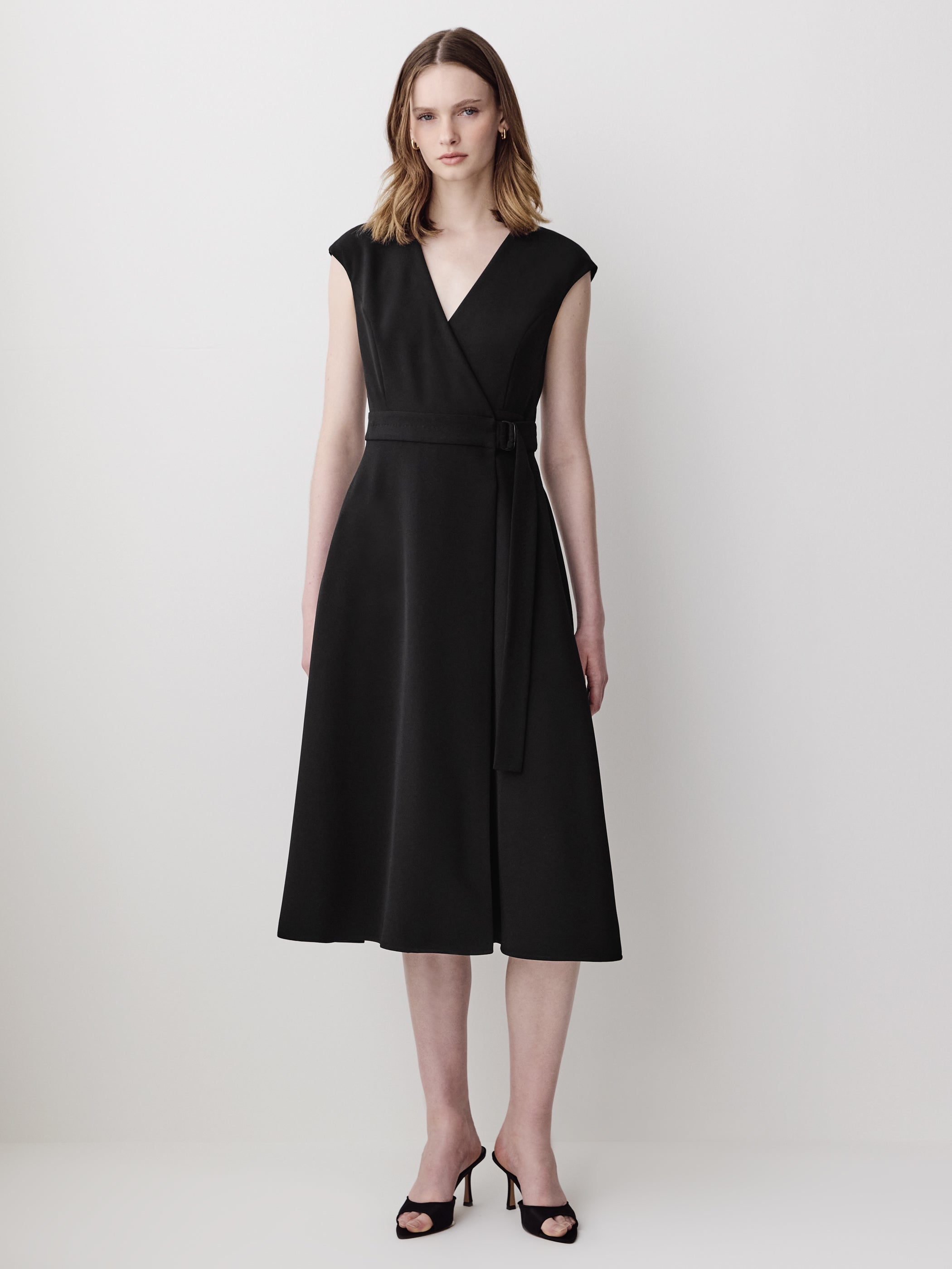 Extended-Sleeve V-Neck Wrap Midi Dress