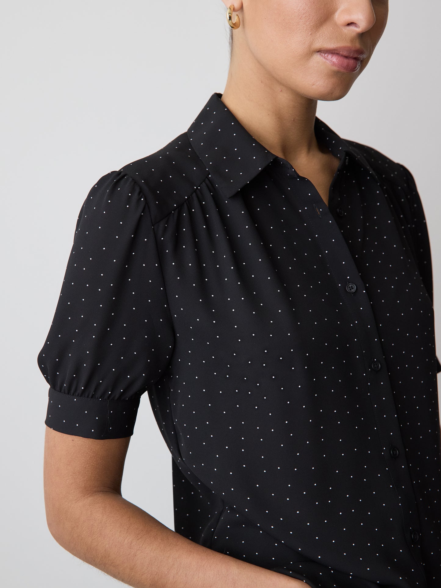Silky Crepe Short-Sleeve Buttoned-Down Blouse