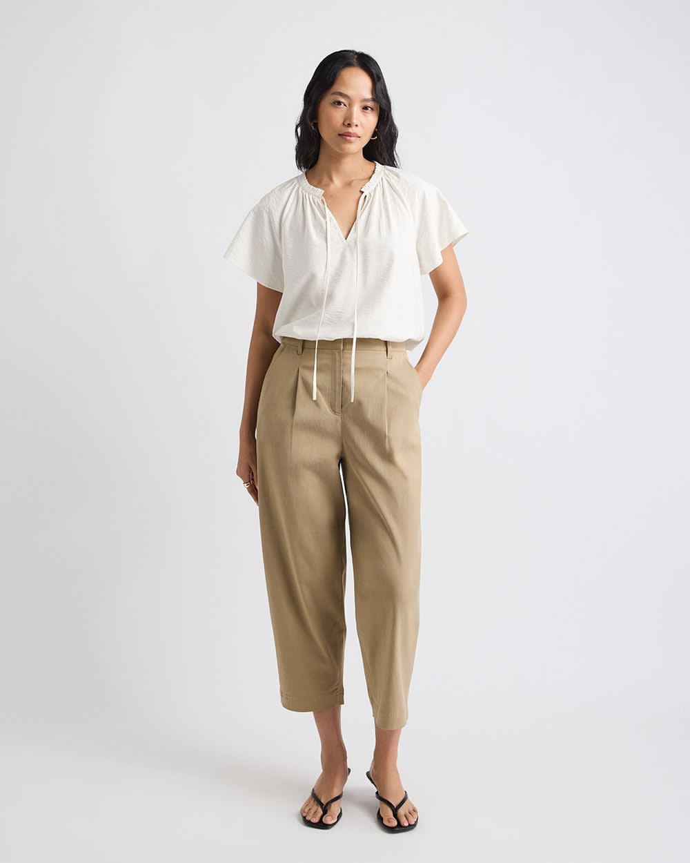 Split-Neck Blouse with Short Flutter Sleeves