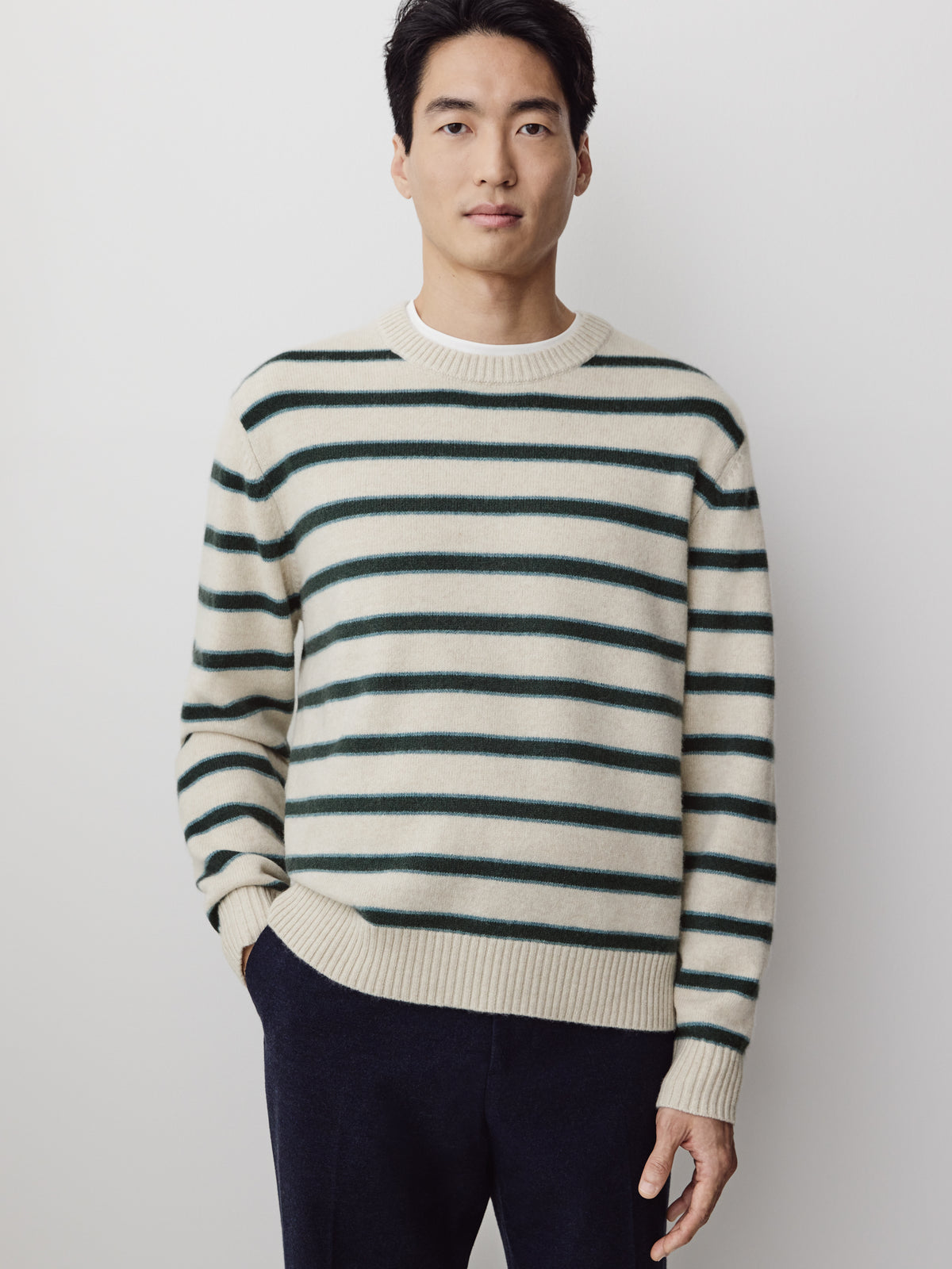 Mens Lambswool Crew Neck Knit Sweater with Stripe