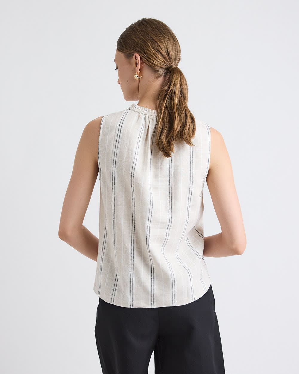 Striped Sleeveless V-Neck Linen-Blend Blouse