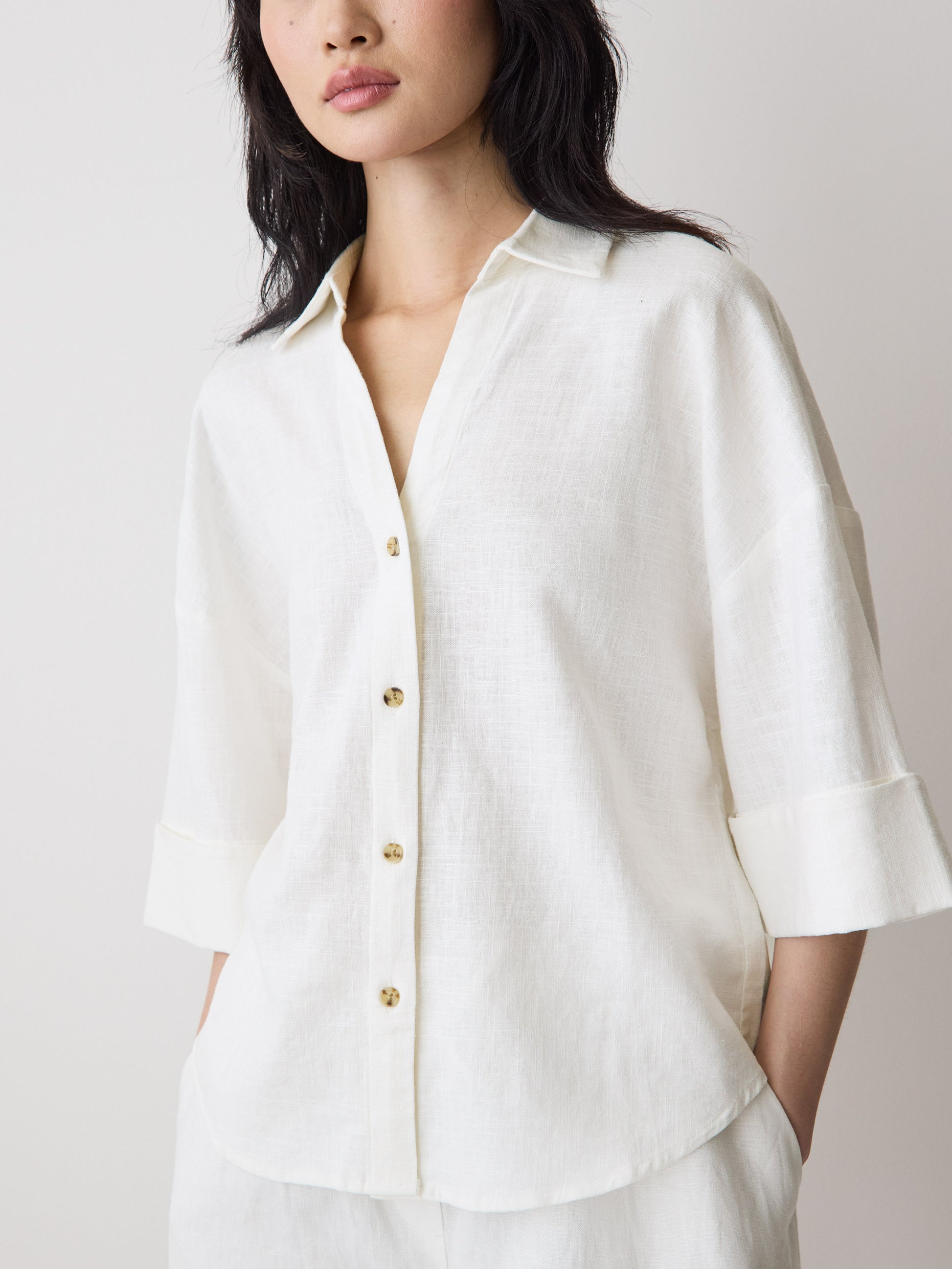 Linen-Blend Short-Sleeve Blouse with Shirt Collar
