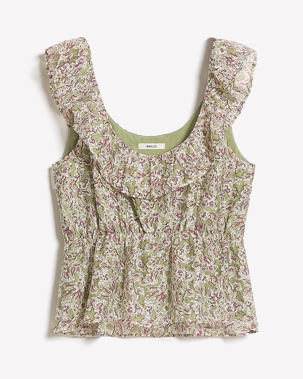 Sleeveless U-Neck Empire-Cut Blouse with Ruffles