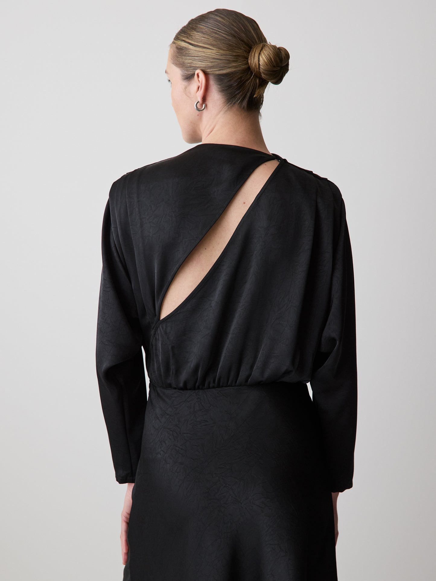 Satin Long-Sleeve Draped Midi Dress